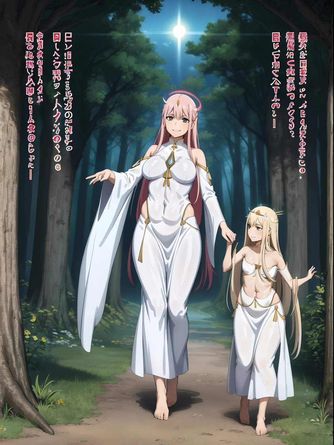 Zero Two, dress, sun halo, holy, smile, medium breast, priestess, full body, walking, divine aura, sun halo, solar halo, long skirt, porcelain skin, ethereal, graceful movement, flowing golden hair, radiant beauty, enchanting gaze, serene expression, soft sunlight, angelic presence, celestial atmosphere, mystical background, celestial light, glowing halo, gentle breeze, ethereal glow, captivating aura, divine radiance, natural beauty, sublime elegance, heavenly charm, peaceful countenance, harmonious surroundings, ethereal grace, mesmerizing presence, transcendent allure, magical serenity, serene and majestic, radiant happiness, heavenly enchantment, delicate features, elegant posture, celestial maiden, otherworldly presence, serene and ethereal, divine embodiment, celestial being, spiritual tranquility, mesmerizing beauty, ethereal goddess, radiant purity. Preparing SeaArt Bot Txt2Img Default 21:19:45, green eyes, white robe, large skirt, long skirt, longeyelashes, solid circle eyes, light smile, ear blush, fang, Surrealism, drop shadow, anaglyph, stereogram, tachi-e, pov, atmospheric perspective, 8k, super detail, ccurate, best quality, best quality, high quality, super detail, anatomically correct, retina, UHD, masterpiece, high details, award winning, highres, textured skin, ccurate, venus body