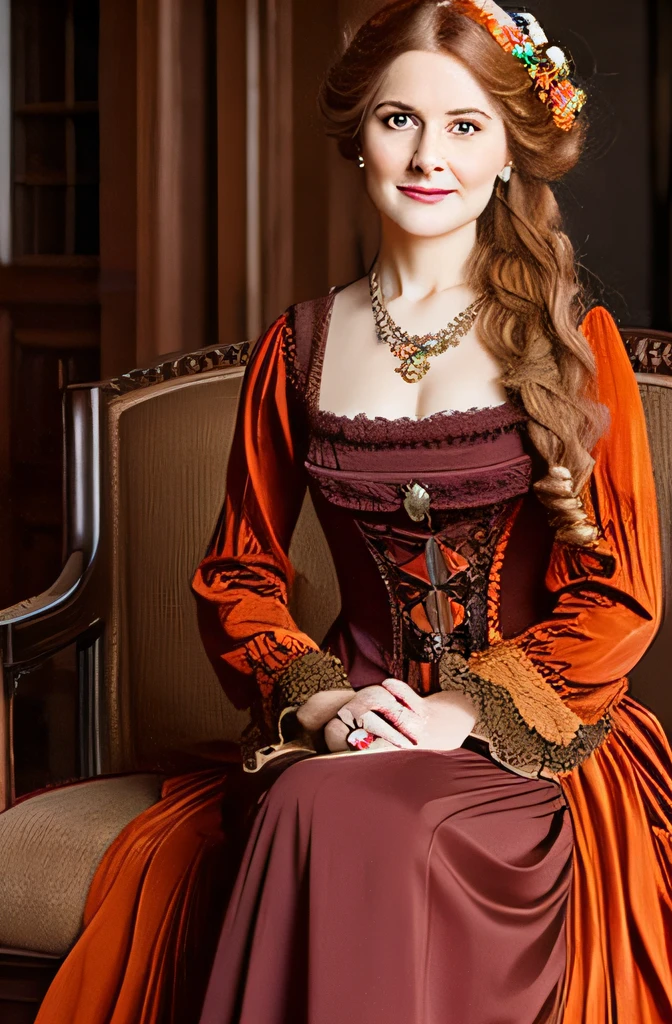 middle-aged woman, long orange wavy hair, victorian dress, noble