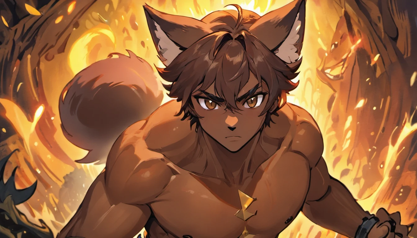 (best quality,4k,8k,highres,masterpiece:1.2),ultra-detailed,(realistic,photorealistic,photo-realistic:1.37),(((brown skin man))) with fox ears,beautiful detailed eyes,detailed fox ears,intense gaze,wild and mysterious aura,vibrant sunset background,natural and warm lighting,painterly representation,fine brush strokes,expressive facial features,sharp focus,soft and flowing hair,fantastical atmosphere,mythical creature fusion,ethereal color palette,unearthly beauty,fascinating story in the eyes,enchanted forest ambiance,fox-like agility,strength and grace combined,enchanted flora and fauna,powerful yet gentle presence,dynamic pose,unexpected encounters,seamless integration between human and animal traits,unique and captivating,spiritual connection with nature,otherworldly experience,harmony between man and nature
