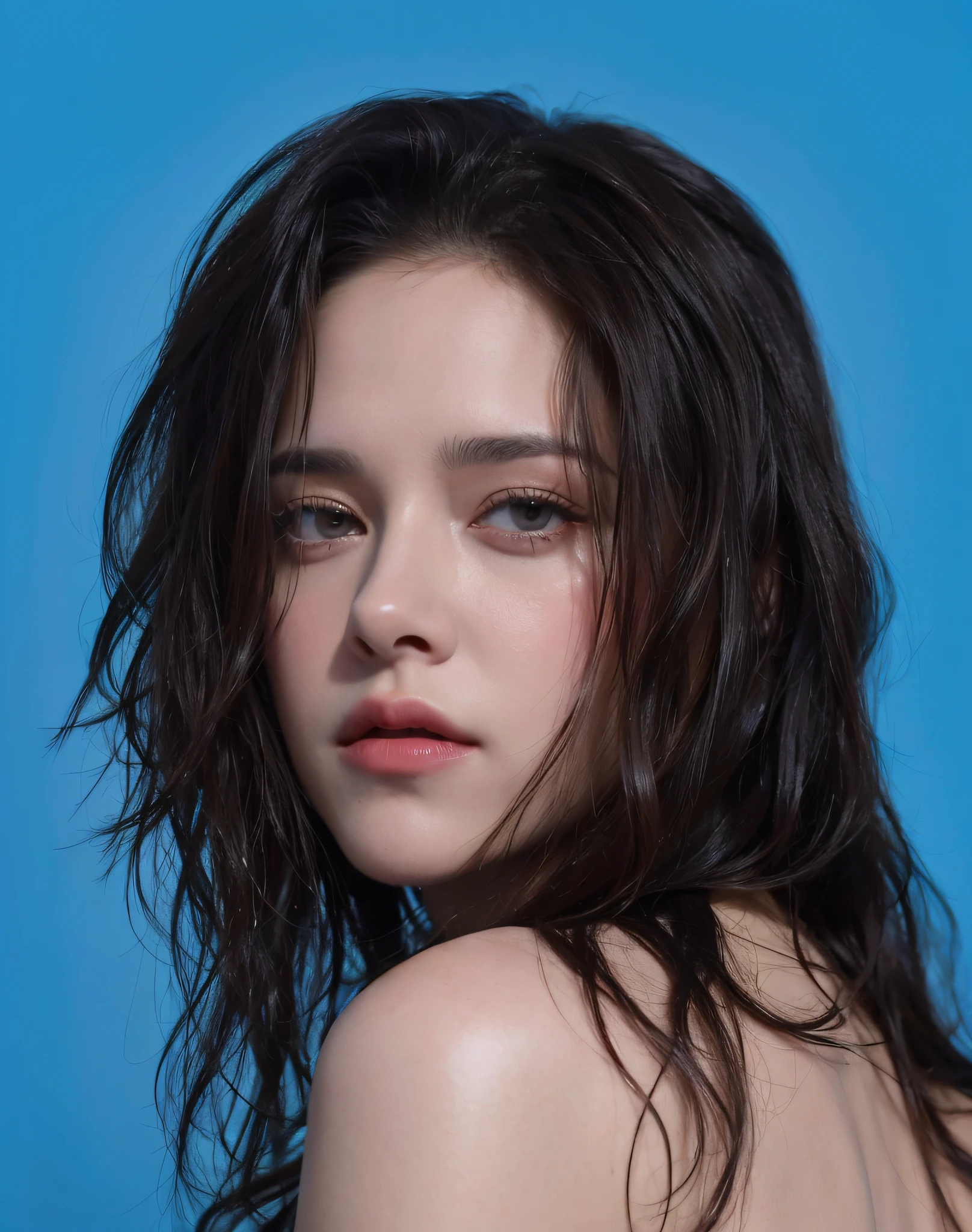 Imagen de una mujer con el pelo mojado y un fondo azul, Kristen Stewart, most beautiful woman on earth, glossy magazine photoshoot, cabello mojado, Toma HD, Foto en color hiperrealista, Retrato suave disparado 8K, Fan Art, Arte digital hiperrealista, Cynthwave, Pintura digital hiperrealista, Retrato de ultra realista, wet look, Pintura digital ultra realista