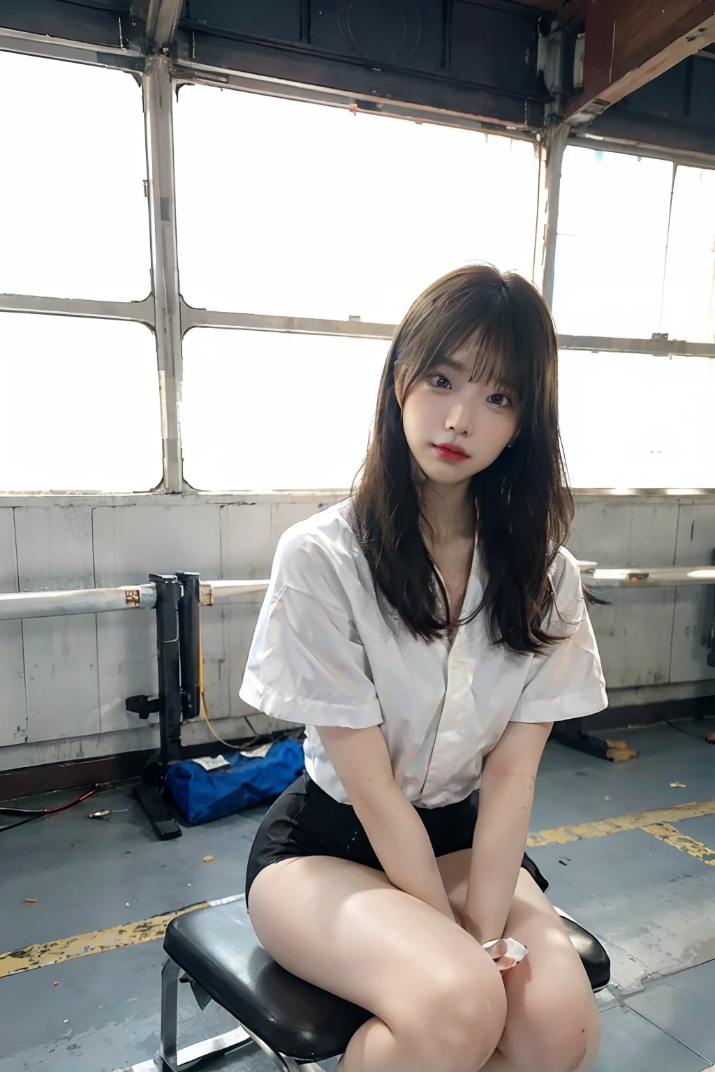 best quality, detailed, beautiful, insanely detailed, absurdres,perfect anatomy, Japanese woman,black hair,27 years old, (slender), (small breasts), cheerful, sitting, hair over one eye, flipped hair, (gray business suit, white skirt),(white panties:1.1),(Looking at the camera, squatting with legs spread:1.4, hands on knees, beautiful inner thighs, panties shot:1.4), (View from below:1.3)