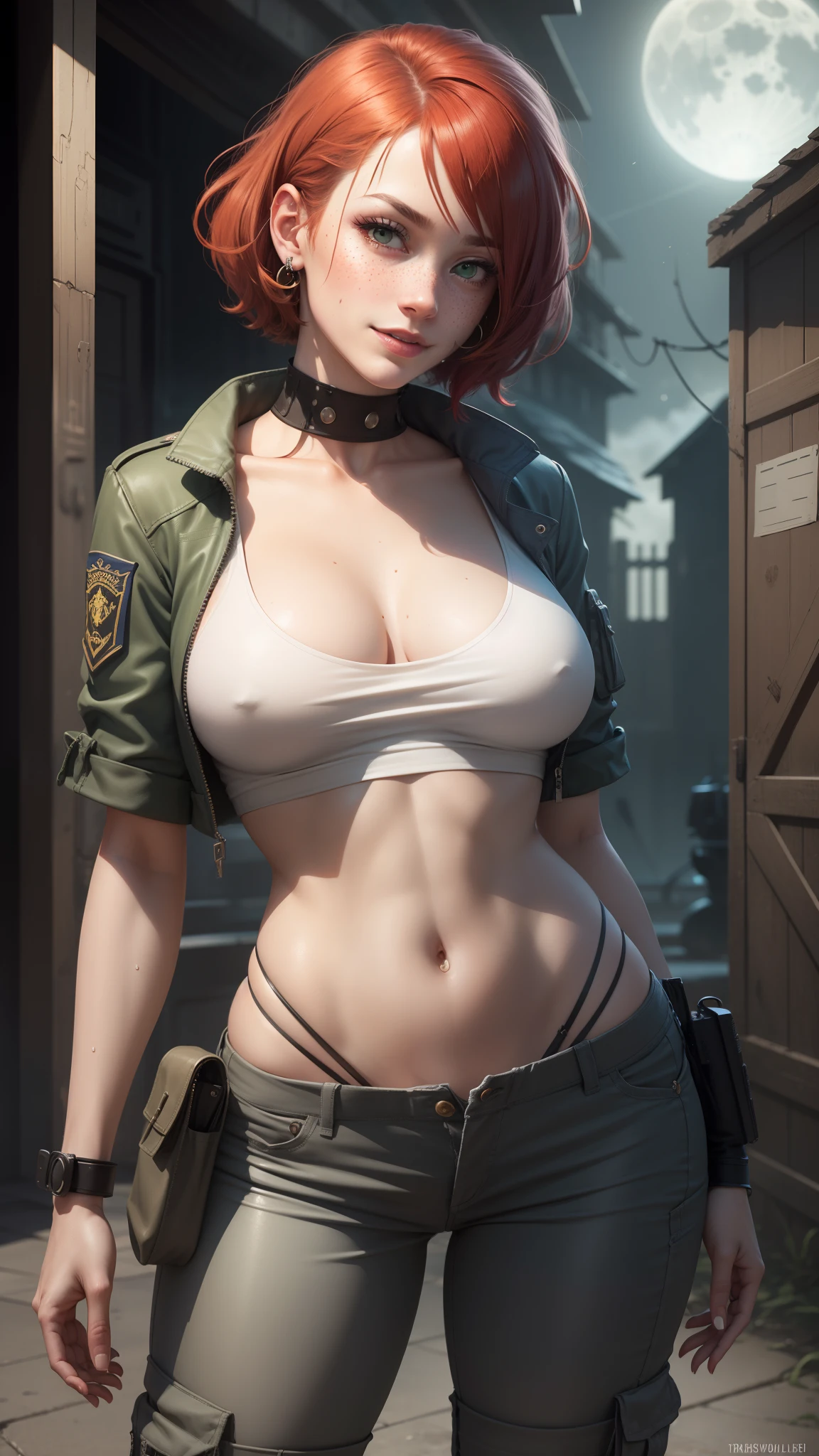 gwen tennyson,tracer,y'shtola rhul,yorha 2b,atelier ryza,resident evil,close up,mecha pilot,body paint, haunted mansion,tattoos,blue and gray plugsuit,white short sleeve silk top,steel cargo pants,uncovered belly, short hair,cute makeup,green eyes, red and gold hair,shy smile,freckles, redhead,beautiful girl,large breasts, ultra detailed,realistic,fantasy art, military uniform,steel armor,monster lab,moonlight,police uniform,pilot jacket,ear piercings,hair pin,wet body, portrait close up,