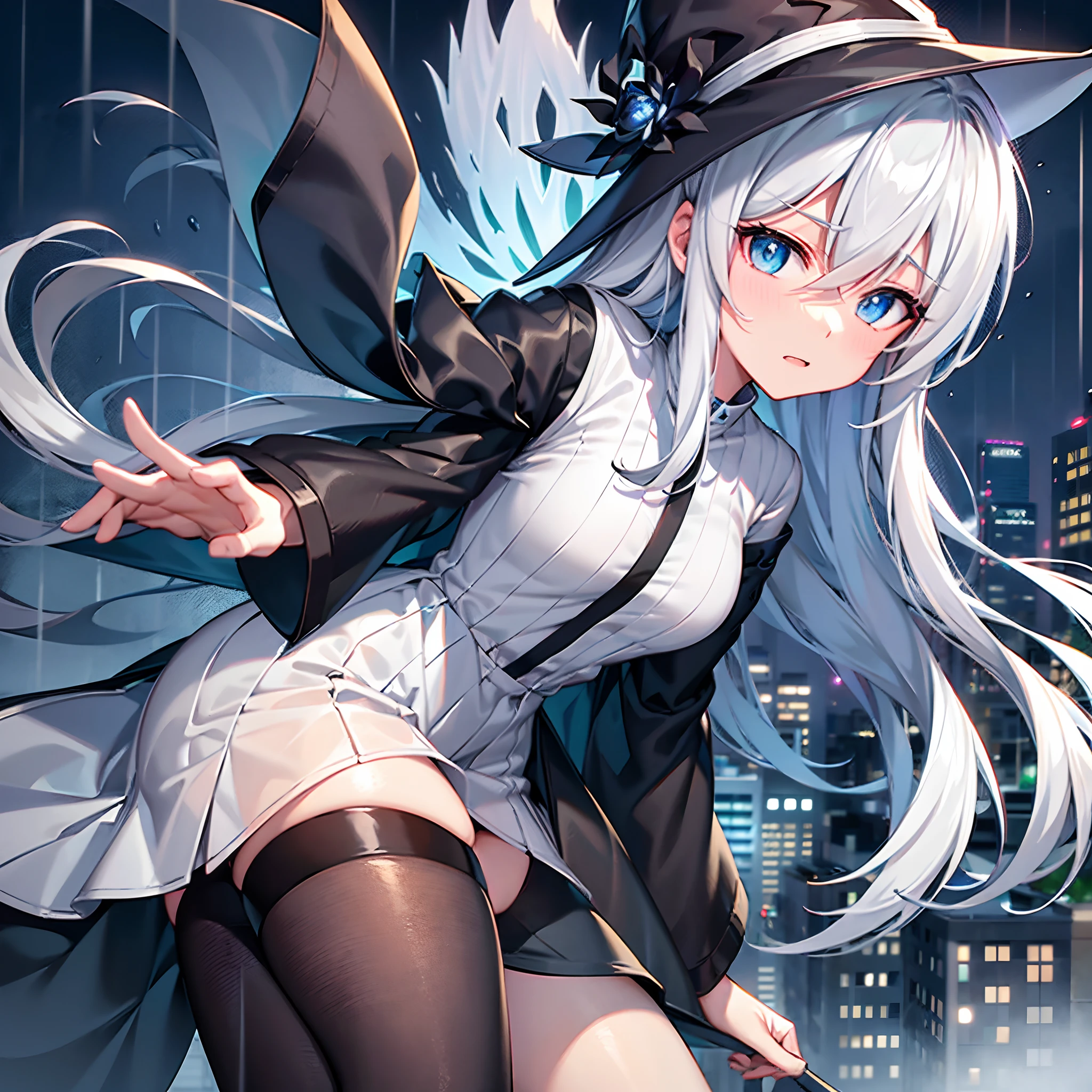 Rooftop of a building late at night in the rain、Rainy night view、One Wizard Girl Standing、Black coat、white t-shirts、a black skirt、white hair with a green mesh、Blue eyes with highlights、Looking at me with a desperate expression、Large witch hat with sapphire accessories、Black sneakers with white laces、