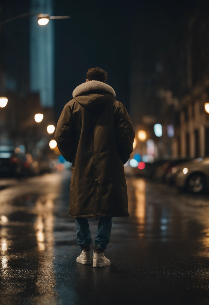 rigby drinking lean in an empty city during a very rainy night while wearing ripped jeans airforce 1 shoes and a puffy coat