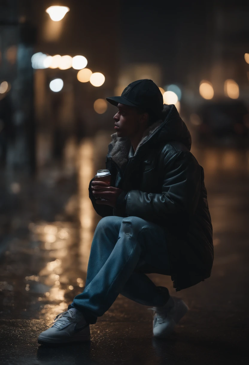 rigby drinking lean in an empty city during a very rainy night while wearing ripped jeans airforce 1 shoes and a puffy coat
