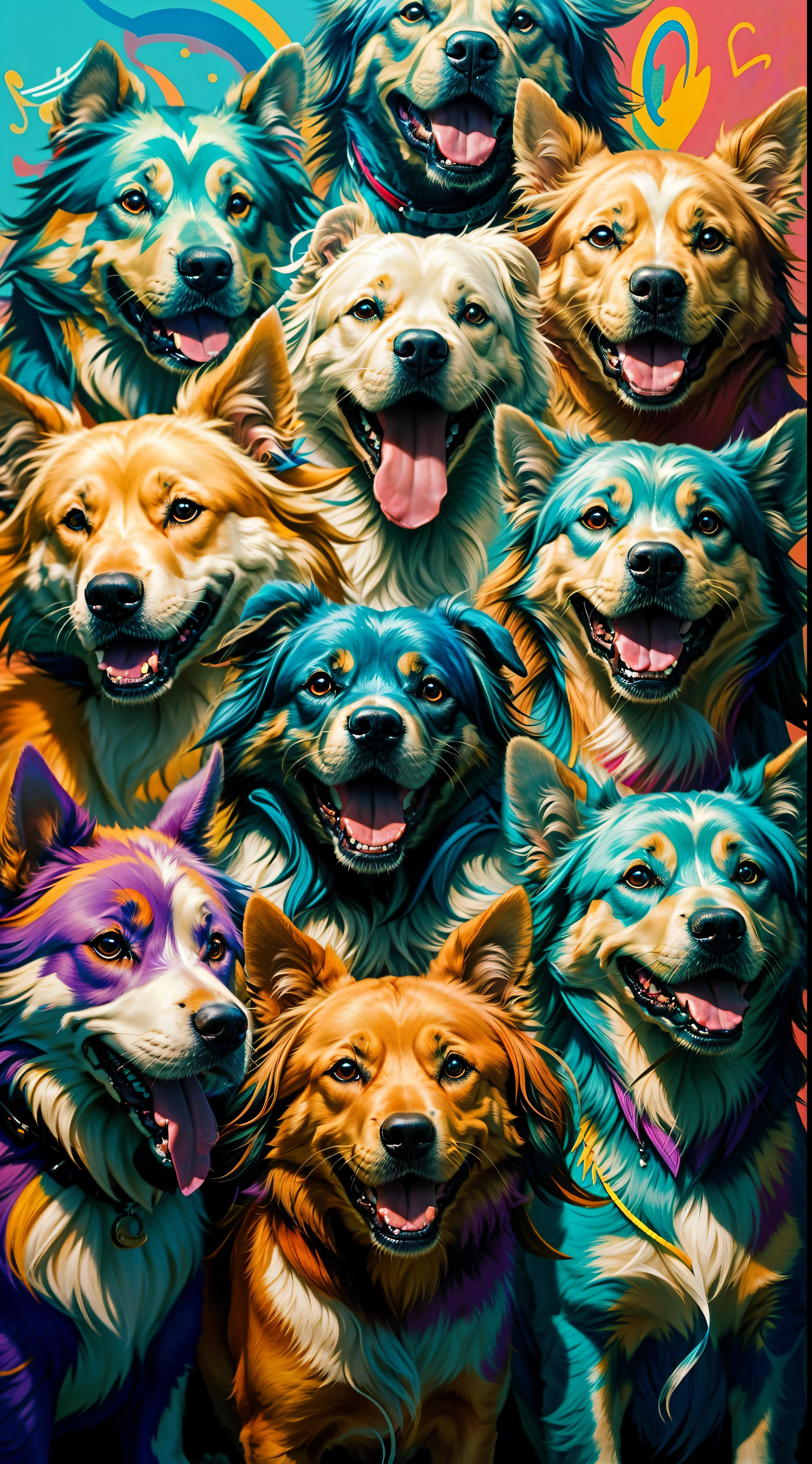 A closeup of a group of dogs with their heads painted in different colors, dogs, muitas cores, Coloridos, multiple colors, pintura animal, uma orgia de coloridos, papel de parede do telefone, caras felizes, rostos sorridentes, awesome art, awesome art, muito colorido, fundo do telefone, paper awesome wallpaper, arte tradicional, sorrisos e cores, papel de parede do telefone hd