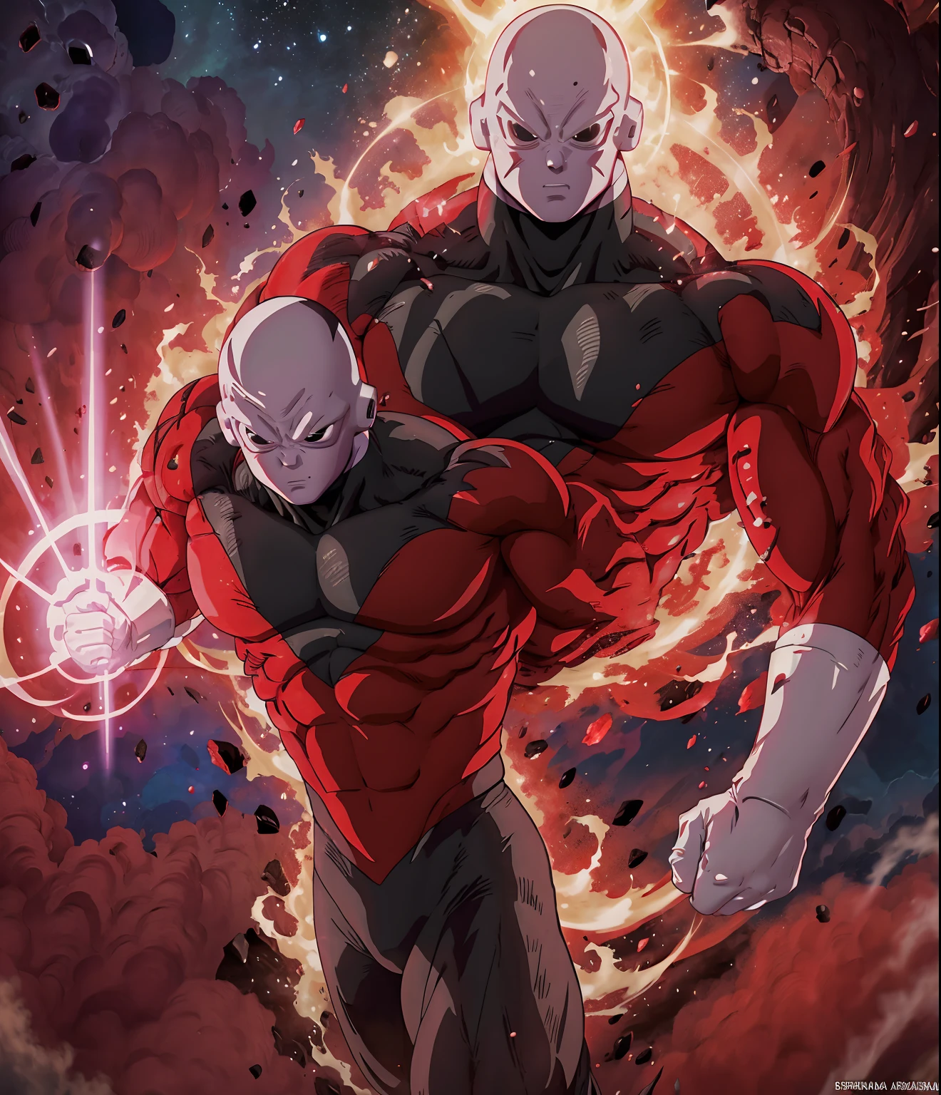 ((JIREN)), um close up de uma pessoa com uma roupa vermelha e preta, an epic anime of a energy man, transformando-se em sua forma final, corpo com lava preta e vermelha, foto de perfil 1024px, Arte Oficial, este personagem tem criocinese, aura vermelha, colossal titan, Armadura, musculoso!! scientific fiction, foto do perfil, Arte Promocional