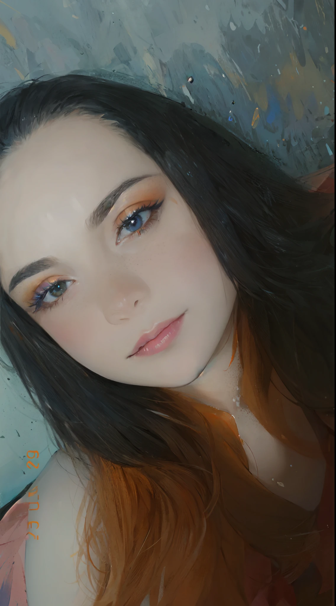 a close up of a woman with long hair and orange makeup, orange and blue tones, blue and orange tones, some orange and purple, some purple and orange, some orange and blue, blue and orange, frontal picture, orange and blue, 90s make-up, inspired by Izzy Medrano, with freckles, painted look, bright orange eyes