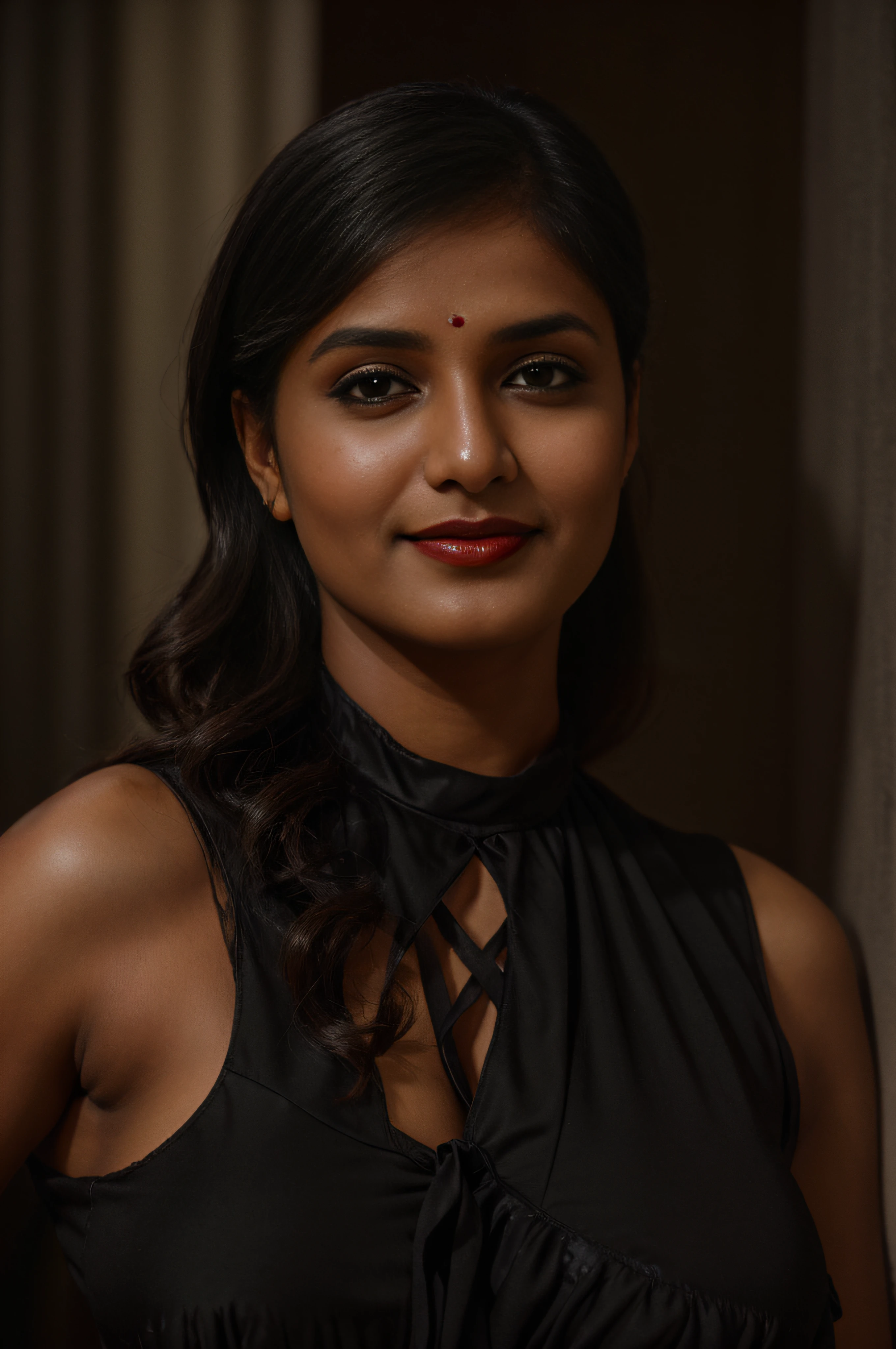 (editorial photograph of a young Indian woman in yellow dress and dark red lips),(((massive breast)))、karla ortiz, (highly detailed face:1.4) (smile:0.7) (backround 5 star hotel , moody, private study:1.3) POV, by lee jeffries, nikon d850, film stock photograph ,4 kodak portra 400 ,camera f1.6 lens ,rich colors ,hyper realistic ,lifelike texture, dramatic lighting , cinestill 800, realistic, wearing Black dobby weave self design fit & flare dress Sweetheart neck Short, puff sleeve Tie-up detail on back Above knee length in flounce hem Attached Lining Chiffon fabric, actress, karla ortiz, posing!!, candid picture, by Max Dauthendey,
