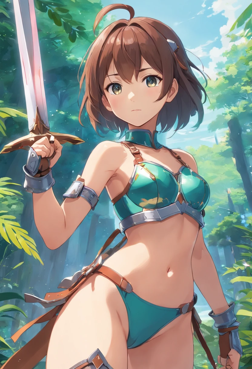 girl, loli,ikini armor, big sword, weapon, shoulder guards, bracers, metalic armor, metal armor, crotch plate, crotch armor, flat chest, tummy, barbarian, wide stance, crotchplate, armor over crotch, codpiece, cup