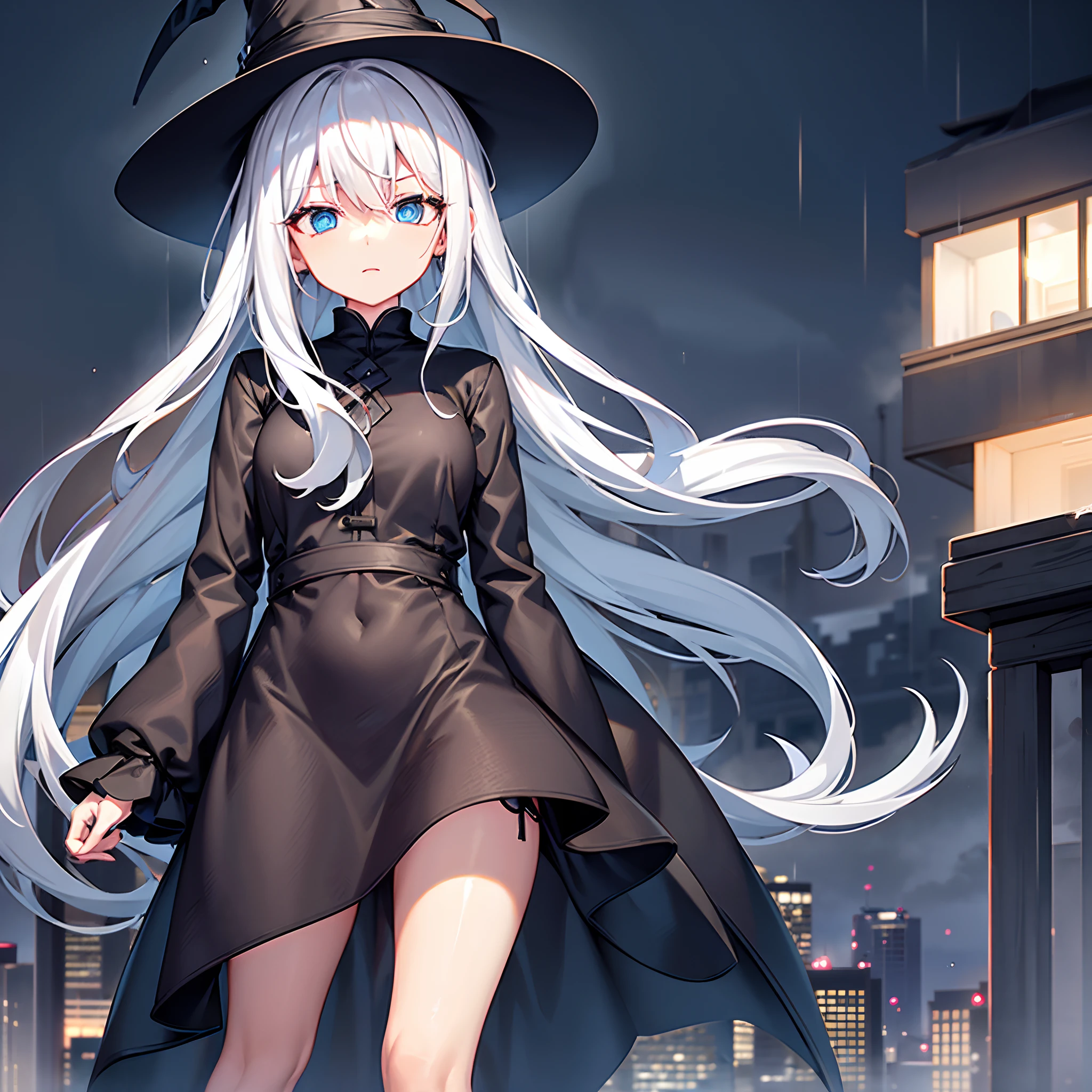 Rooftop of a building late at night in the rain、Rainy night view、One Wizard Girl Standing、Black coat、white t-shirts、a black skirt、white hair with a green mesh、Blue eyes with highlights、Looking at me with a desperate expression、Large witch hat with sapphire accessories、Black sneakers with white laces、