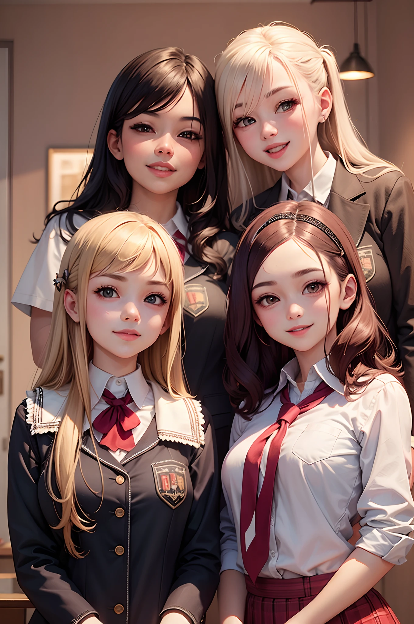 4girls, Look at viewer, Wearing school uniforms, Cutes smile , Soft background, dynamic lighting, high detailed,