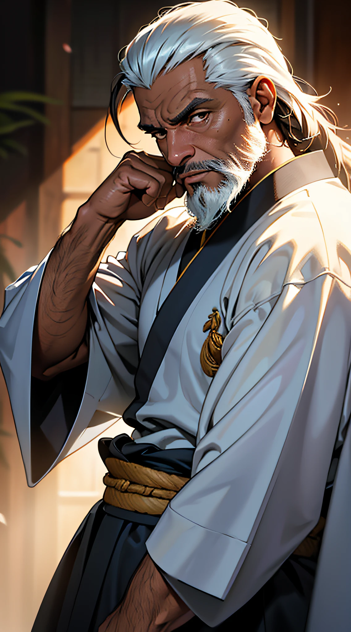 um homem de pele negra, idoso, velho, careca, barba longa e branca, wise (melhor qualidade), adolescente, Ultra resolution, arte profissional, ultra detalhado, perfect lighting, expression serious, foco masculino, kimono branco