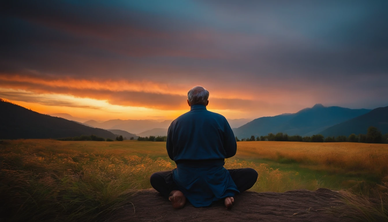 Mature monk sitting in meditation position, contemplando um horizonte lindo com o sol se pondo, Man is in deep connection with the divine, The landscape is ultra detailed, homem ultra realista, tudo bem detalhado e lindo, ultra qualidade. 8k de realismo