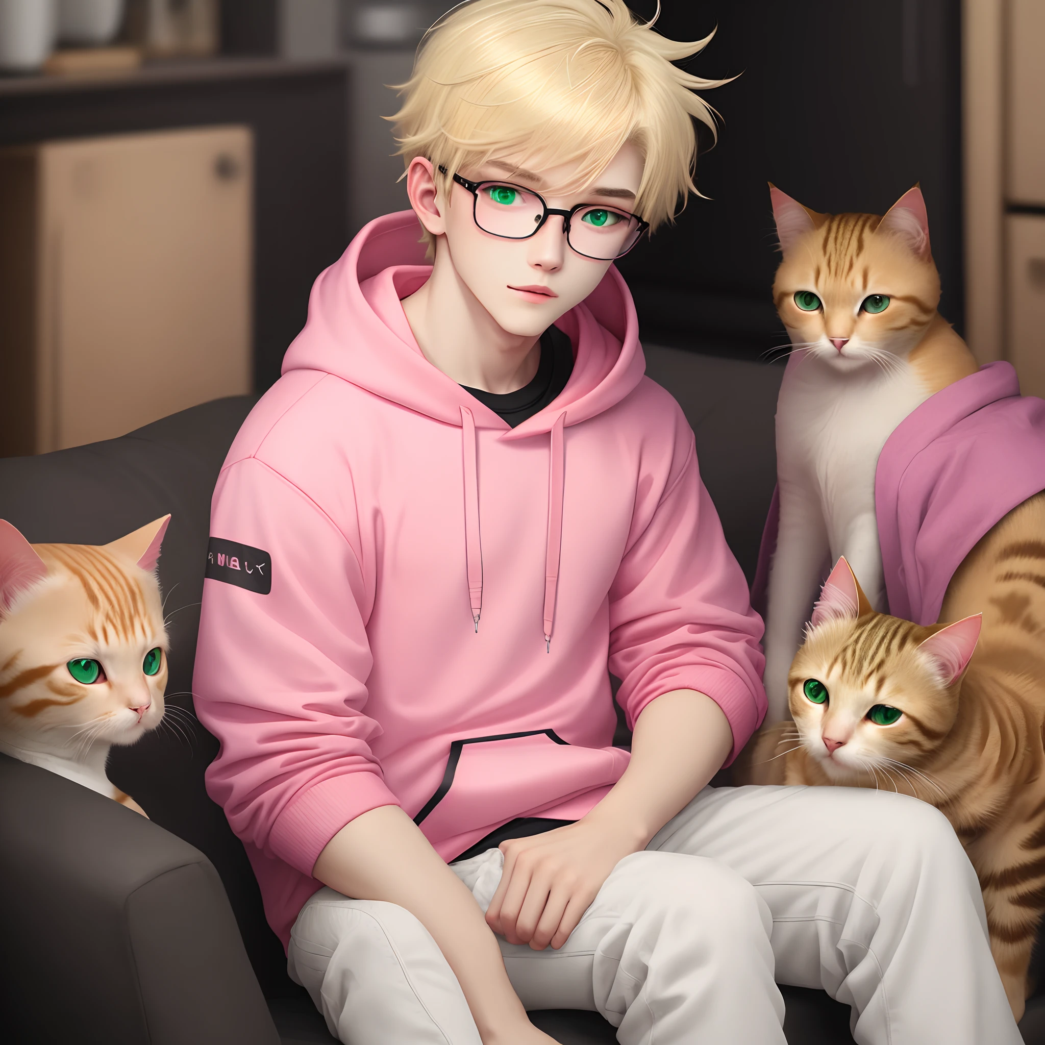 Blonde Cat Human Boy, Pink Glasses, Pink and Black Hoodie, Green eyes, White skinned