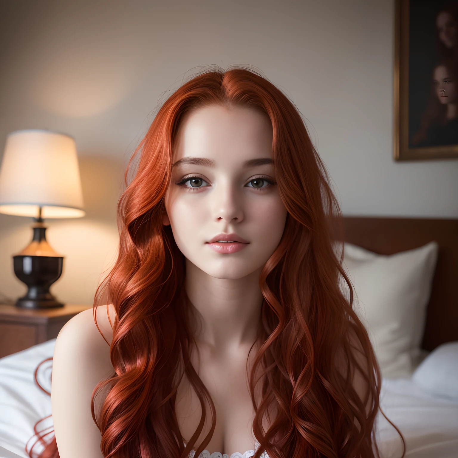 Photo of a 20-year-old European woman, raw, Beautiful woman, (Very long wavy red hair), ((Portrait)), ((Detailed face:1. 2)), ((detailed facial features)), (finely detailed skin), pale skin, , , Bedroom environment, Lying on bed, (cold color), humid, humid, Spotlights, (masutepiece) (perfect proportions)(realistic photos)(Best quality) (detailed) photographed in Canon EOS R5, 50mm Lens, F/2. 8, nffsw, (8K) (Wallpaper) (Cinematic Lighting) (Dramatic Lighting) (foco nítido) (Complicated) Fashion, milk all over her body,