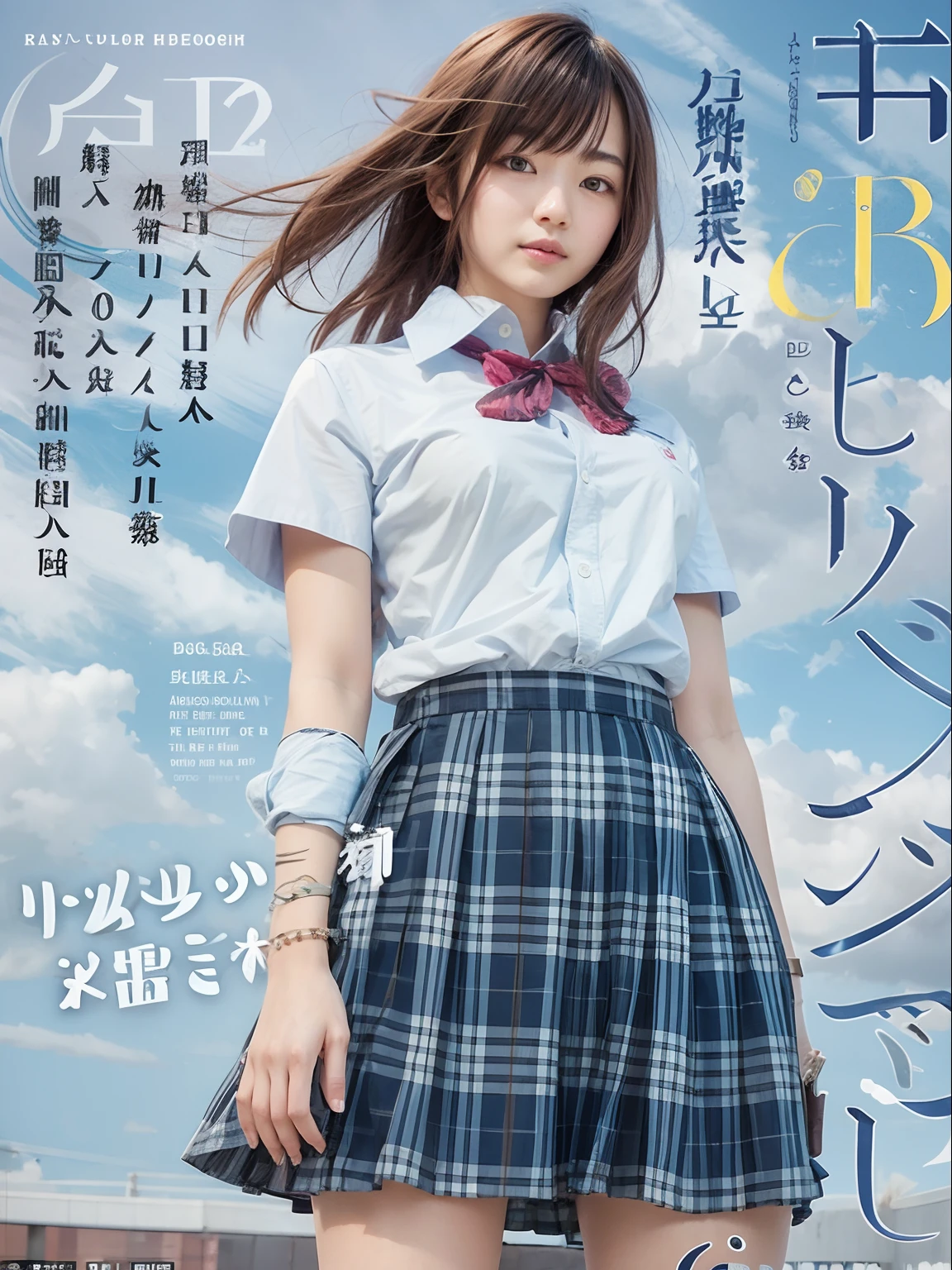 Japanese High School Girl, with short black hair, Bob Hairstyle, beautiful blue sky at the background, big boobs, no letters
