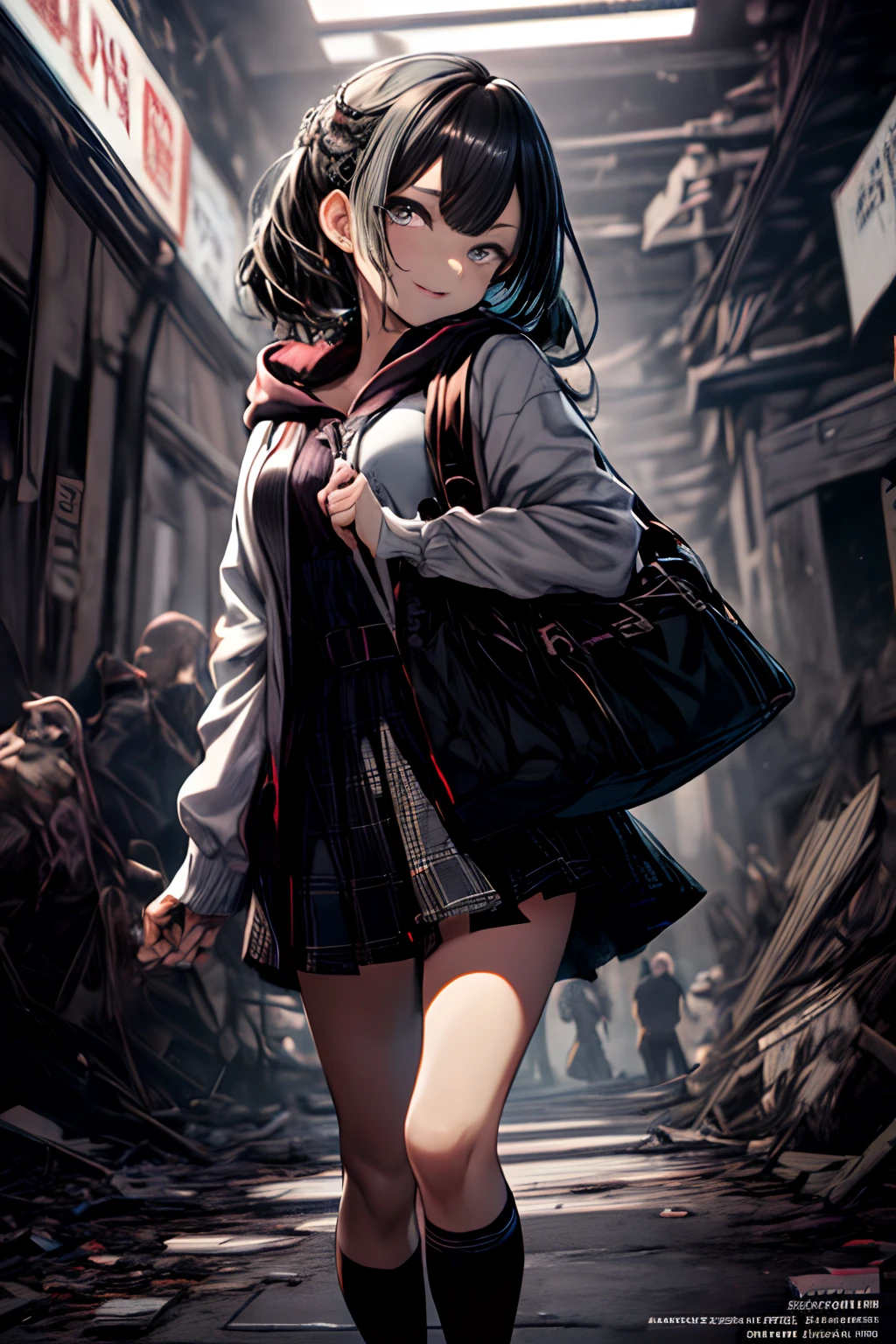hoods、parka、Poncho、Arms behind your back、Ruins、Rosa、Black Rose、dark in background、Full body、Bag、High School Costumes、long、校服、A dark-haired、Ahegao ( Silly / Sexual ecstasy)、Cross-eyed、Stranger、View other people、Blunt bangs、 over-kneehighs,Ahegao , Silly,Sexual ecstasy,Drunken eyes,Blunt bangs,,(masutepiece:1.2, Best Quality), (finely detailed beautiful eye: 1.2), (Detailed background,Dark Fantasy), (beautifull detailed face), High contrast, (Best Illumination, extremely delicate and beautiful), ((Cinematic Light)), Colorful, Hyper Detail, Dramatic light, Intricate details,