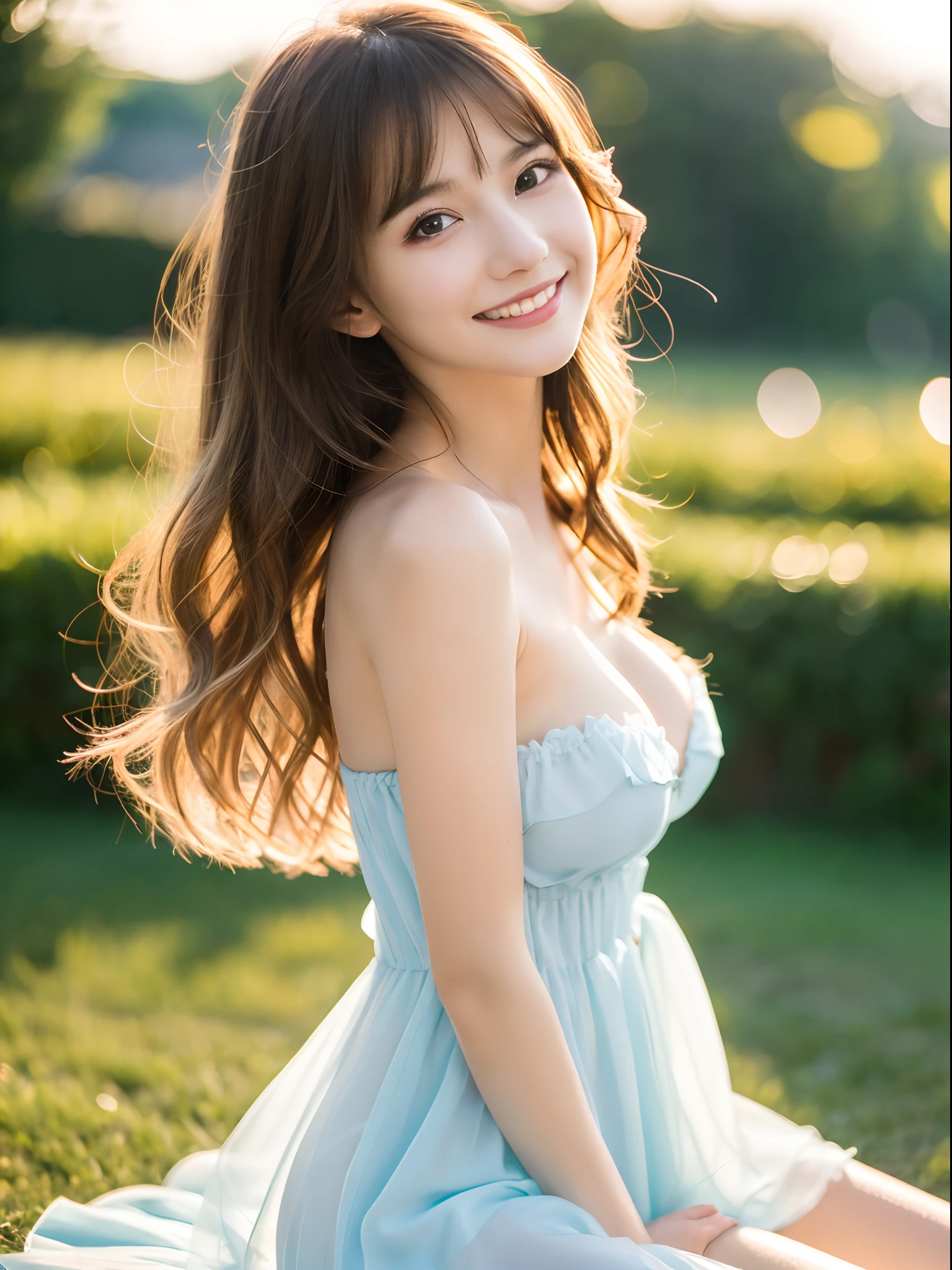 (8k, best quality, masterpiece:1.2), (realistic, photo-realistic:1.5),1girl, cute, sitting, outside,(smile:1.15), (closed mouth) huge breasts, beautiful detailed eyes,  (translucent tiny dress: 1.4),full body, ((topless)), ((best quality)),((ultra-detailed)), no underwear , no panties, nice background,  floating hair, naughty face, (big breast), (pretty_pussy) beautiful detailed body, detailed eyes,(best quality)