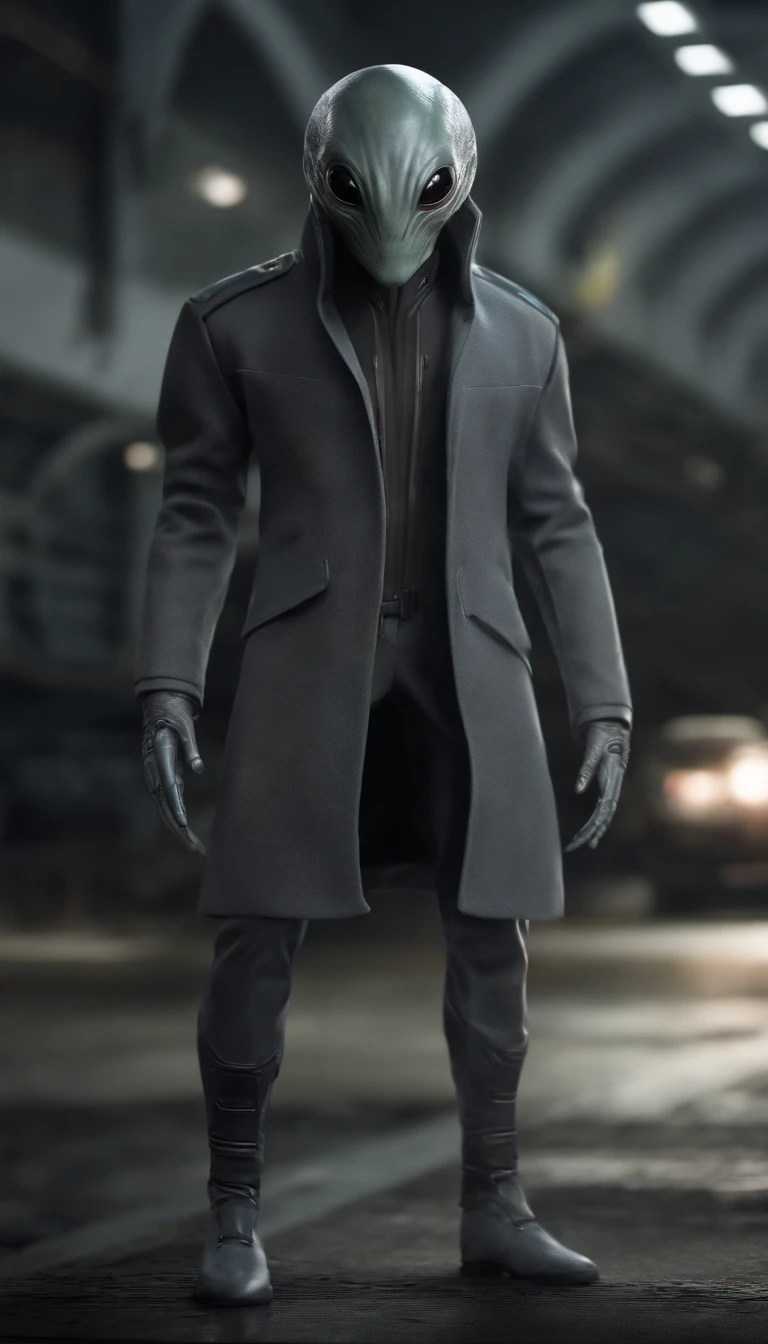 gray alien wearing gray jacket, zeta culili, standing, high resolution, ultra realistic