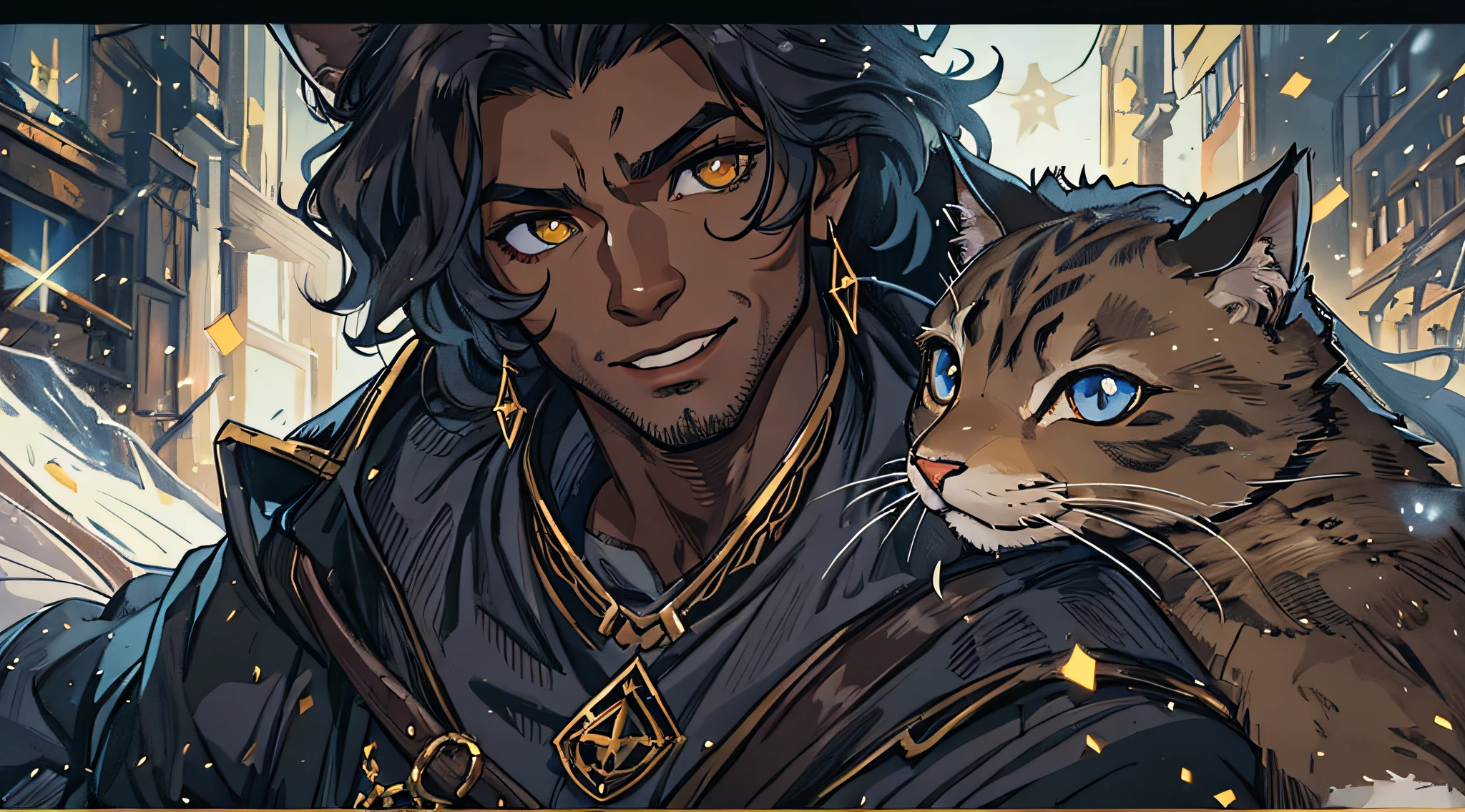 Close up in a beautiful black man with middle wavy hair, young man, confident eyes, Black beauty, golden eyes, cat ears, and a confident smile, dressed in dark and black clothes like an assassin, a fantasy character, an RPG character. Warm lighting, snowflakes falling, he is in the tundra, perfect eyes, 4k, perfect details, character for a RPG, medieval RPG, ultra-detailed, demi human with cat eats