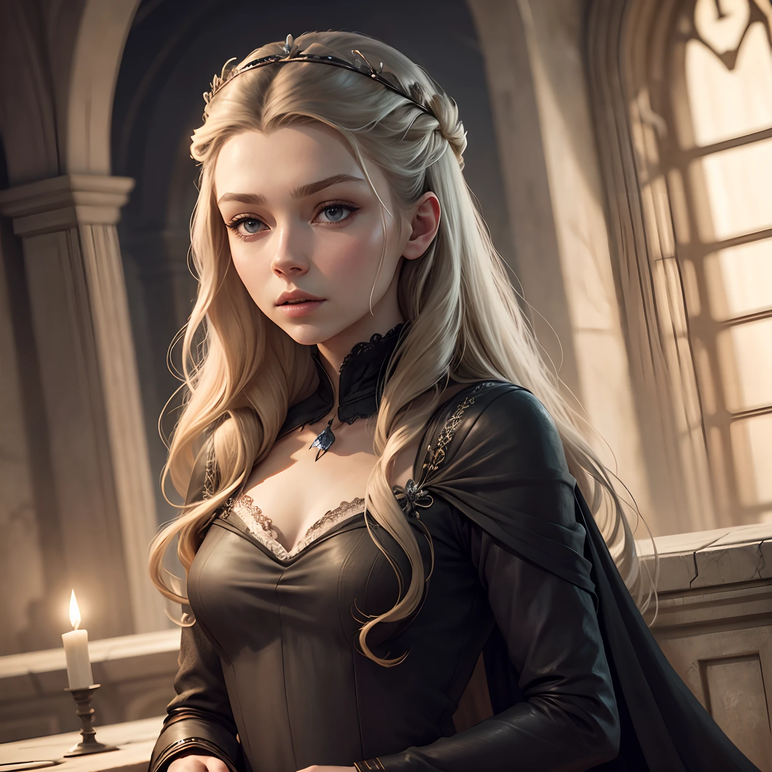 a young woman with long raven hair, pale skin, and piercing blue eyes lying naked on a luxurious bed, a slave's chain around her ankle, sensual expression, detailed facial features, high quality, hyper realistic, cinematic lighting, dark and moody atmosphere, rich color palette, dramatic shadows, intricate details, masterpiece
