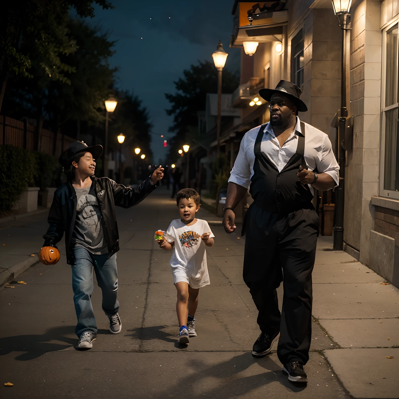 Big black strong guy with bucket of candy chasing a kid down the street on halloween night