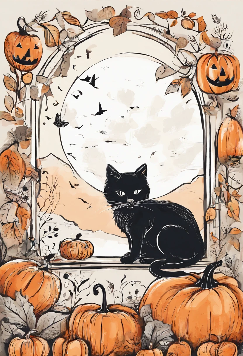 Image Type: A cute stylized digital illustration of a black and white kitten sitting next to a pumpkin and jack o lantern. The illustration should be in a halloween art style, with a vector art aesthetic. The kitten should be depicted in a cute and adorable manner. The artwork should be colorful and have a cute and detailed art style. The resolution should be high, preferably 4K, to showcase the details of the illustration.