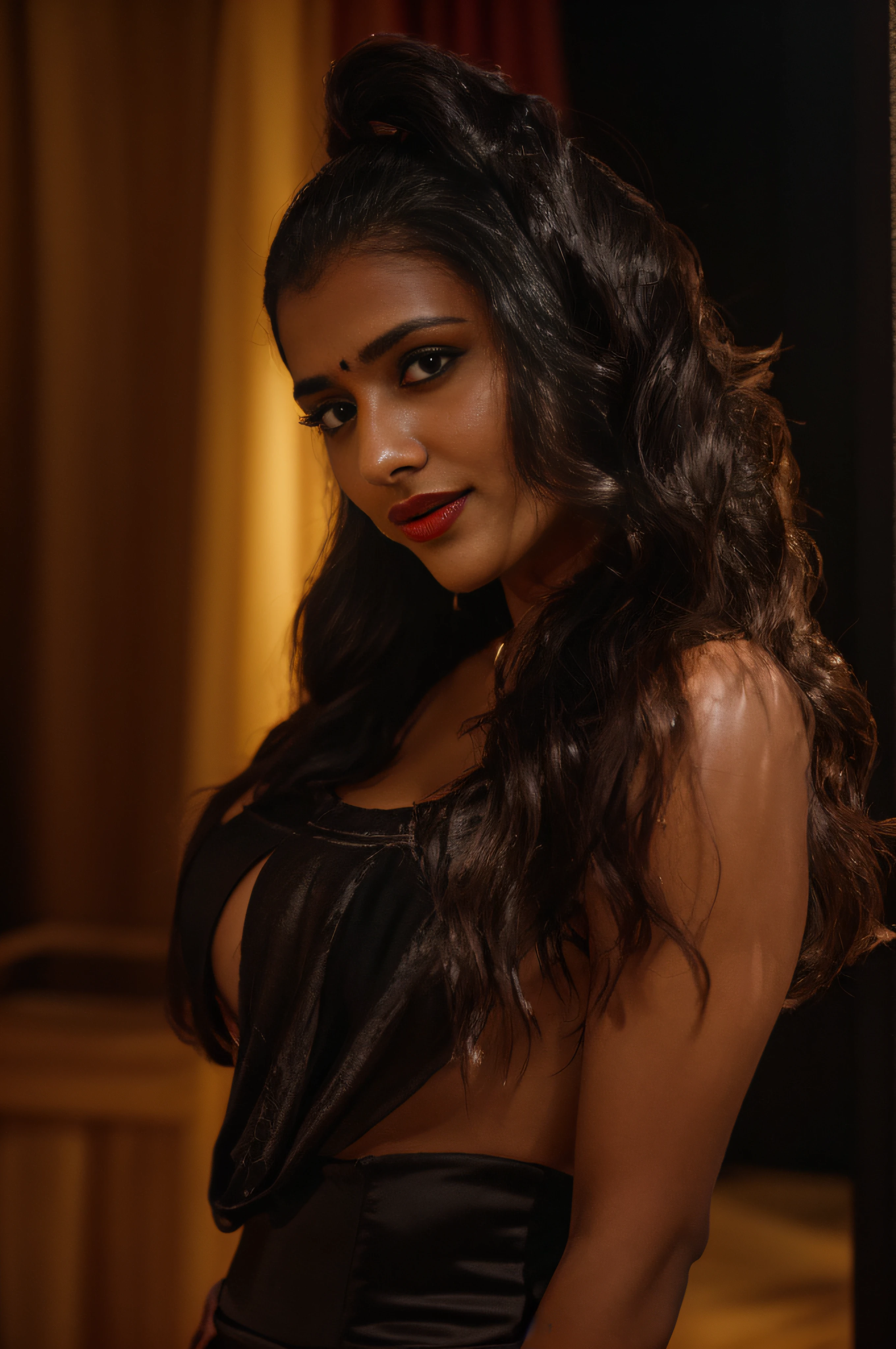 (editorial photograph of a young Indian woman in yellow dress and dark red lips),(((massive breast)))、karla ortiz, (highly detailed face:1.4) (smile:0.7) (backround 5 star hotel , moody, private study:1.3) POV, by lee jeffries, nikon d850, film stock photograph ,4 kodak portra 400 ,camera f1.6 lens ,rich colors ,hyper realistic ,lifelike texture, dramatic lighting , cinestill 800, realistic, wearing Black dobby weave self design fit & flare dress Sweetheart neck Short, puff sleeve Tie-up detail on back Above knee length in flounce hem Attached Lining Chiffon fabric, actress, karla ortiz, posing!!, candid picture, by Max Dauthendey,