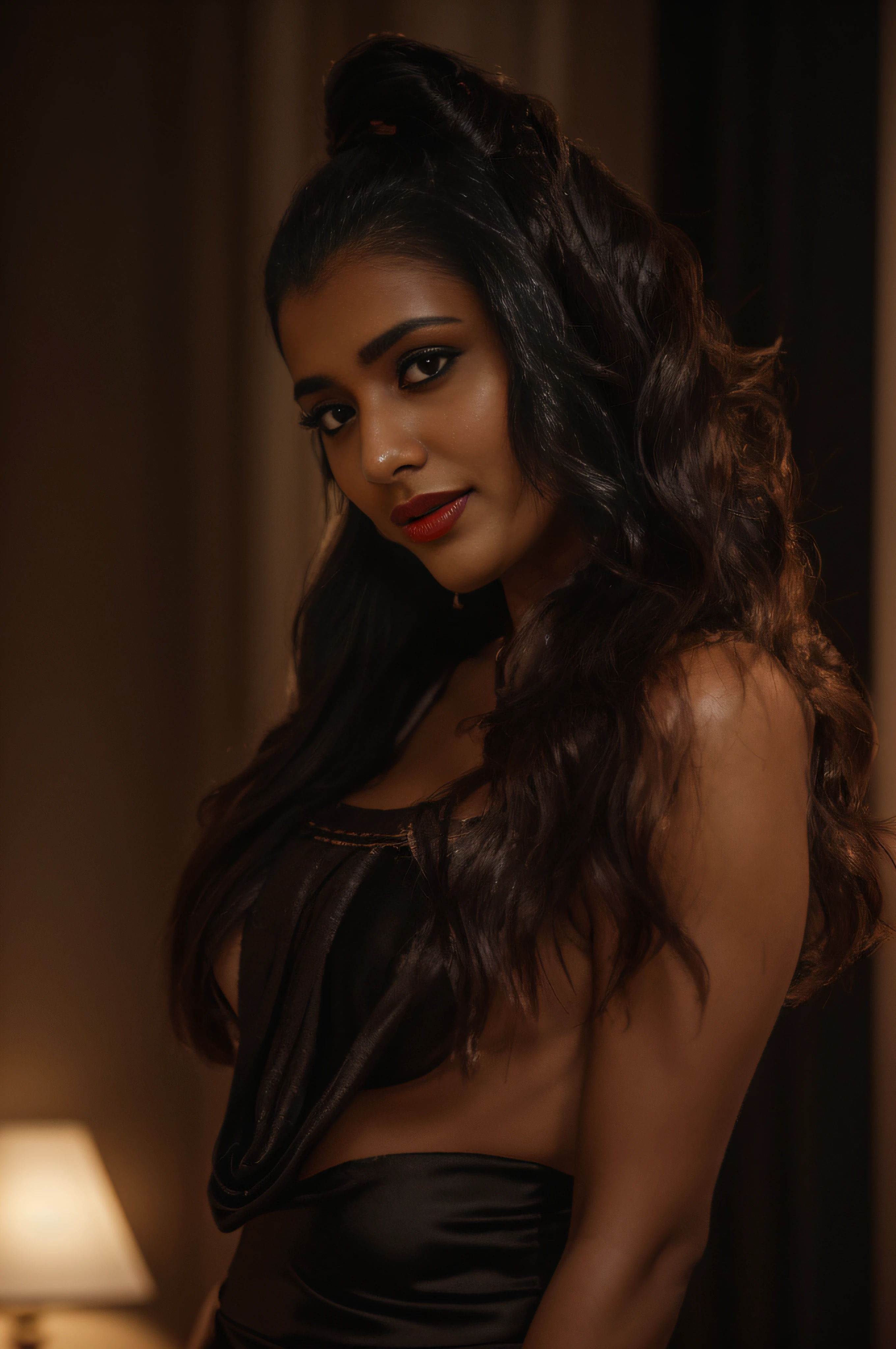 (editorial photograph of a young Indian woman in yellow dress and dark red lips),(((massive breast)))、karla ortiz, (highly detailed face:1.4) (smile:0.7) (backround 5 star hotel , moody, private study:1.3) POV, by lee jeffries, nikon d850, film stock photograph ,4 kodak portra 400 ,camera f1.6 lens ,rich colors ,hyper realistic ,lifelike texture, dramatic lighting , cinestill 800, realistic, wearing Black dobby weave self design fit & flare dress Sweetheart neck Short, puff sleeve Tie-up detail on back Above knee length in flounce hem Attached Lining Chiffon fabric, actress, karla ortiz, posing!!, candid picture, by Max Dauthendey,