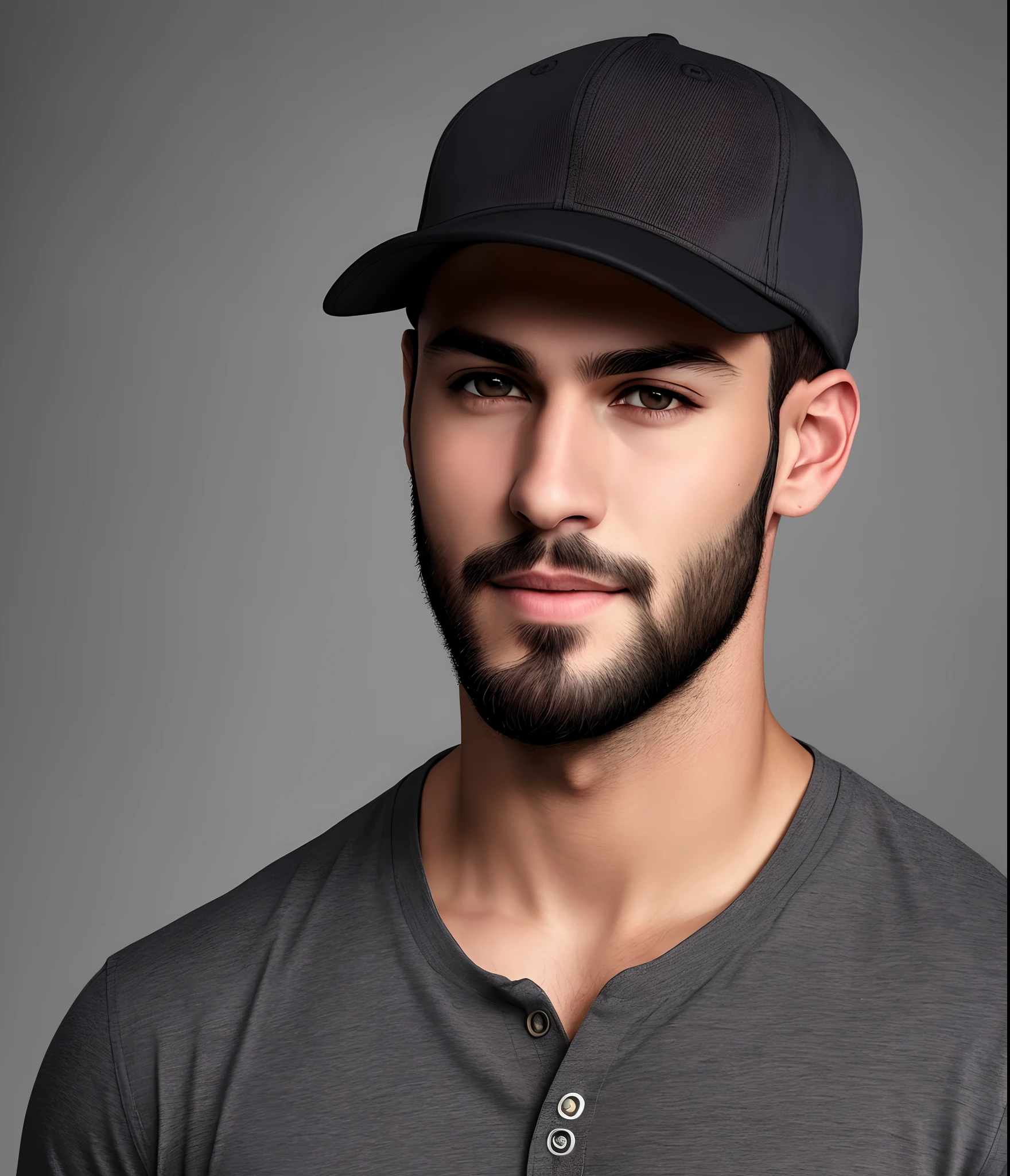an incredibly handsome and hot young man aged 30 with short dark brown hair and brown eyes, angular jaw, box face, stubble beard, tall and lean, wearing a casual shirt and a cap. dark grey background and studio lighting, yearbook pose, character close-up, character headshot portrait, character close-up.