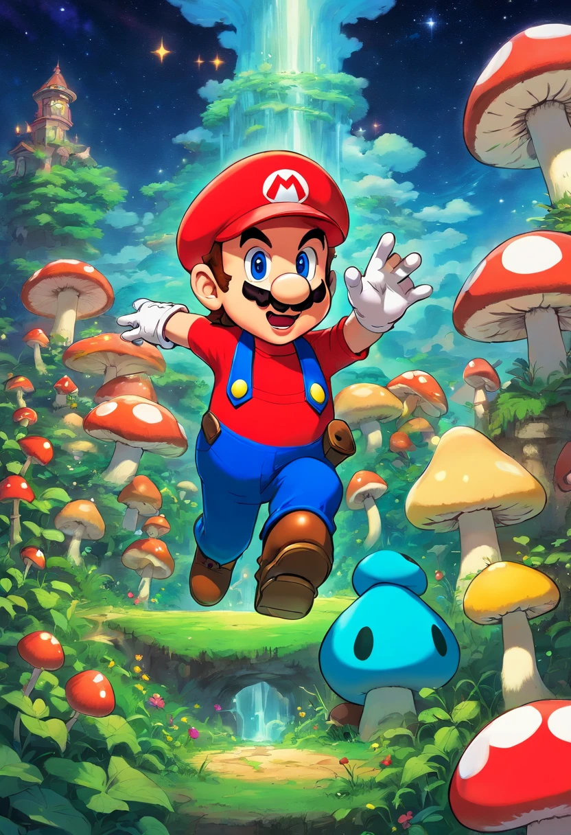 Mario Bros and Luigi T-Shirt Design Surrounded by Mushrooms and Stars