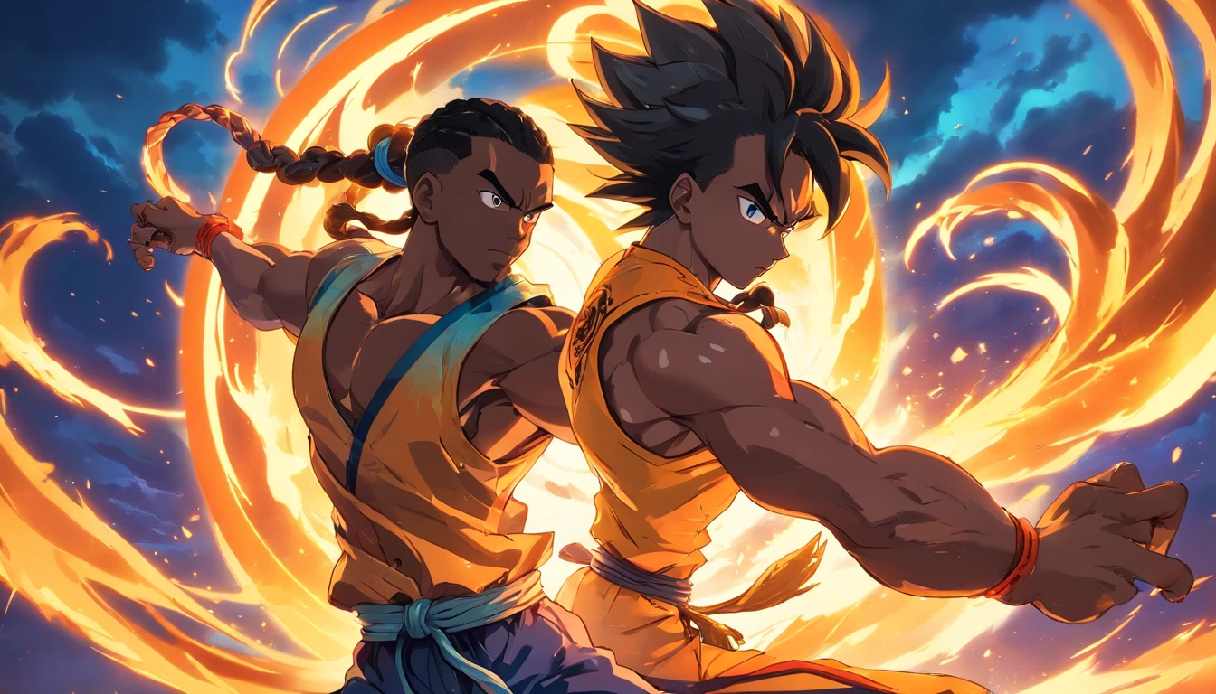 a black man with long braided hair, specifically the naga braid, demonstrating the social style of Capoeira with distinct wolf characteristics, resembling the art style of Dragon Ball. 

(best quality, 4k, highres, realistic:1.2), ultra-detailed, studio lighting, physically-based rendering, extreme detail description, professional, vivid colors, bokeh,
portraits, martial arts, action, powerful, dynamic, intense, impressive poses, expressive facial features, muscular build, agile movements, energetic fighting, bold and vibrant colors, intense shading, dramatic lighting effects, vibrant background, fiery aura, wolf-inspired attributes, ferocious and cunning, detailed braid with intricate patterns, intricate tattoos or tribal markings on body, flowing fabric and movement, explosive energy waves, in-flight or mid-air acrobatic maneuvers, iconic Dragon Ball-style eyes, powerful aura and ki energy, epic battle scene