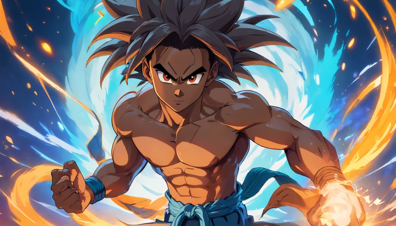 a black man with long braided hair, specifically the naga braid, demonstrating the social style of Capoeira with distinct wolf characteristics, resembling the art style of Dragon Ball.
(best quality, 4k, highres, realistic:1.2), ultra-detailed, studio lighting, physically-based rendering, extreme detail description, professional, vivid colors, bokeh,
portraits, martial arts, action, powerful, dynamic, intense, impressive poses, expressive facial features, muscular build, agile movements, energetic fighting, bold and vibrant colors, intense shading, dramatic lighting effects, vibrant background, fiery aura, wolf-inspired attributes, ferocious and cunning, detailed braid with intricate patterns, intricate tattoos or tribal markings on body, flowing fabric and movement, explosive energy waves, in-flight or mid-air acrobatic maneuvers, iconic Dragon Ball-style eyes, powerful aura and ki energy, epic battle scene