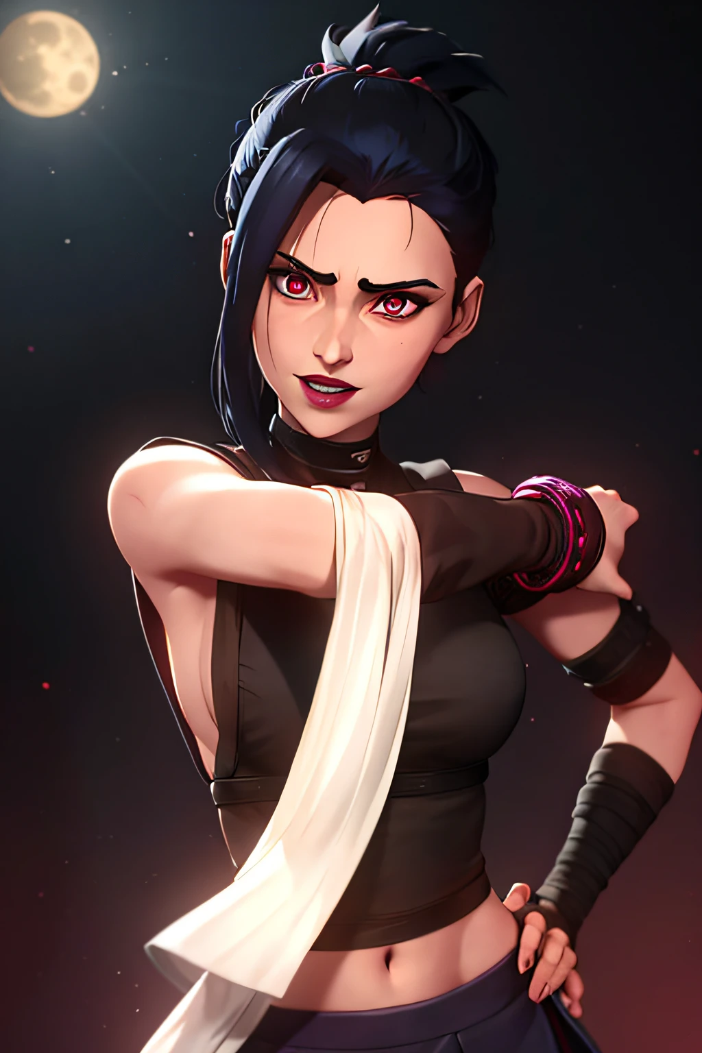 Arcane style, 1girl, bandage on the arm, asymmetrical bangs, quiff, black hair, braid, black undershirt, Blue skirt, looks at the viewer, laughter, red-eyes, the night, black hair, hairlong, red-lips, shirt, 独奏, standingn, ninja, upper-body, \(naruto\)