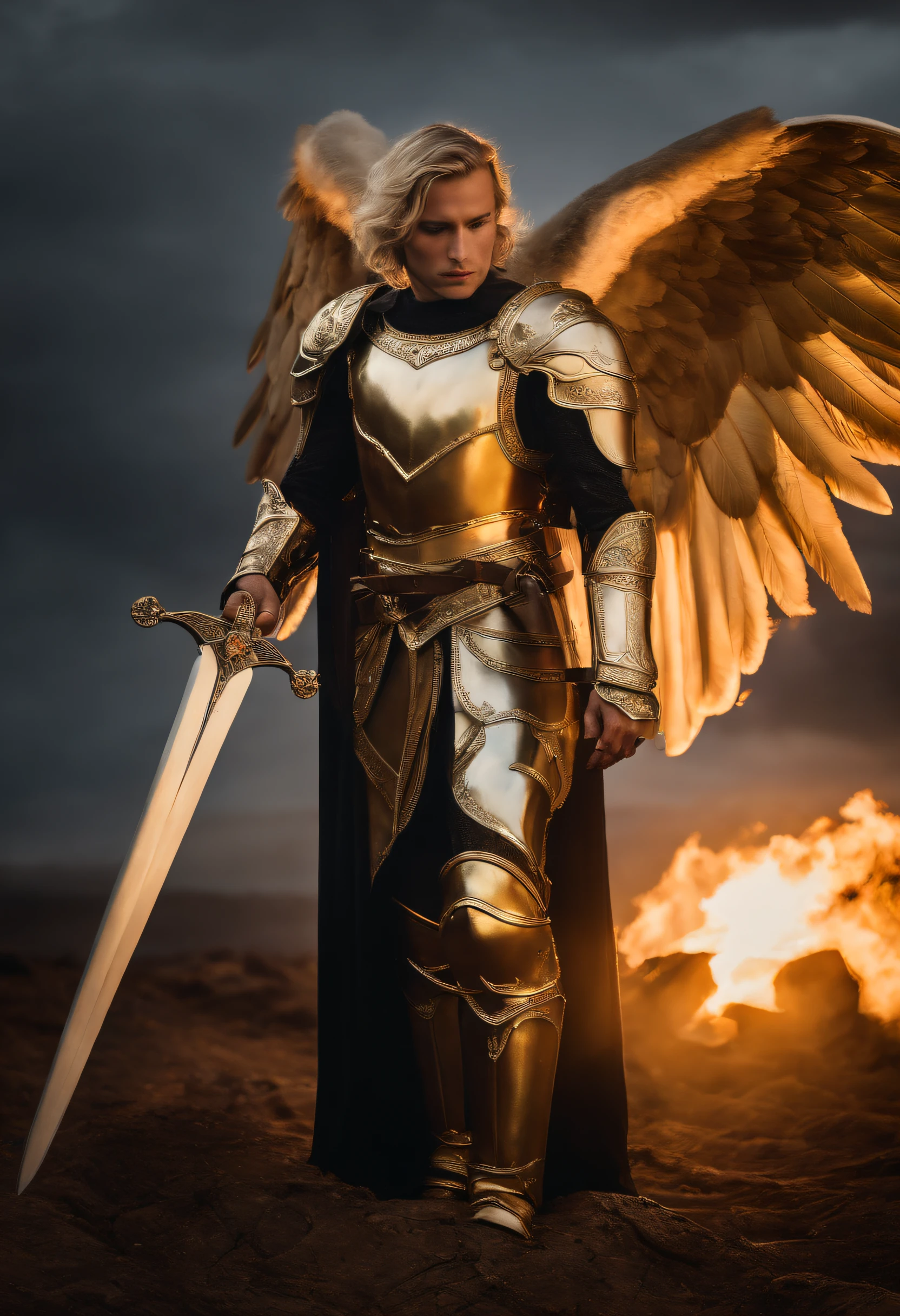 Diabo ultrarrealista: A golden angel with wings spread with a sword of fire in his hand, Voando sobre um campo de batalha sombrio, Dark Smoke Setting Portrait of Man a Knight, blonde hair, Sobre Polar Sky Aurora Fantasy Winter, ouro, Uplighting, Detailed ambience in the armor made of white titanium and some crystal, Power suit, moderno, linhas poli baixas, punk core, sonhador, Colorir, distopia, divino, misterioso, poses curvas, Posando na moda.