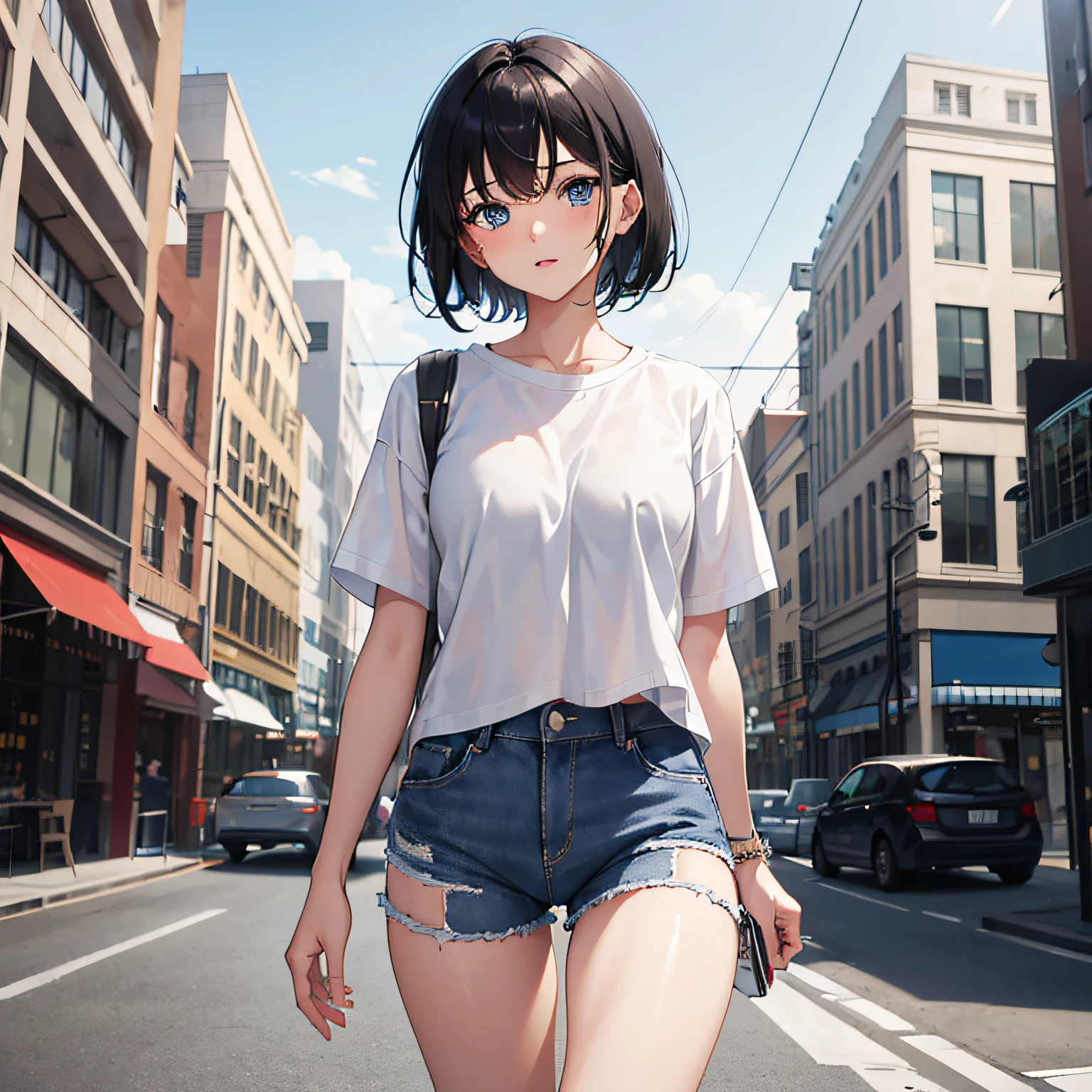 1girl, short black hair, blue eyes, wearing plain white shirt, denim shorts, city, absurdres, high res, ultrasharp, 8K, masterpiece, looking at viewer