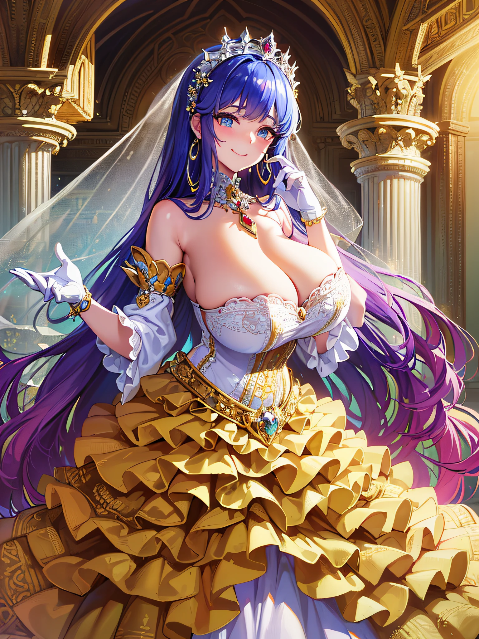 ((anime artstyle)),(Masterpiece),(Best Quality), (Super Detail),(Highly Detailed CG Unity 8k wallpaper),((Very Delicate and Beautiful)),1 girl,((full body portrait)),((standing in garden)),((solo)),(((1 princess in gorgeous embroidery and jeweled extremely gorgeous rococo princess ballgown with voluminous full length hoop skirt))),(((huge crinoline hoopskirt))),long train,((gorgeous embroidery and jeweled)),voluminous frills,See-through,(((extremely gigantic tits,skindentation))),cleavage,((absurdly Long Straight Hair,extremely voluminous Straight long Hair,absurdly Long Straight Hair)),(finely detailed face and eyes),((seductive smile,embarrassed)),clear pupil,extremely gorgeousfull hair ornament,(bling-bling jeweled extremely gorgeousfull tiara),((bling-bling gorgeous gemstone jewelry)),gorgeous long veil,((ultra long gloves)),(beautiful background),(full body),((gorgeous embroidery and jeweled extremely gorgeous rococo princess ballgown with voluminous full length hoop skirt))