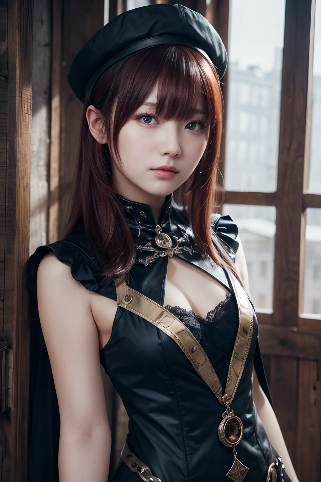 ((masutepiece)), ((Best Quality)), (Ultra-detailed), ((Extremely detailed)), 4K, (8K), Best Quality, (Beautiful), Dynamic Angle 0, Cute little girl s, 1girl in, Solo, Steampunk, Beautiful red hair, Beautiful red eyes, ((Beautiful eyes))0, Cool