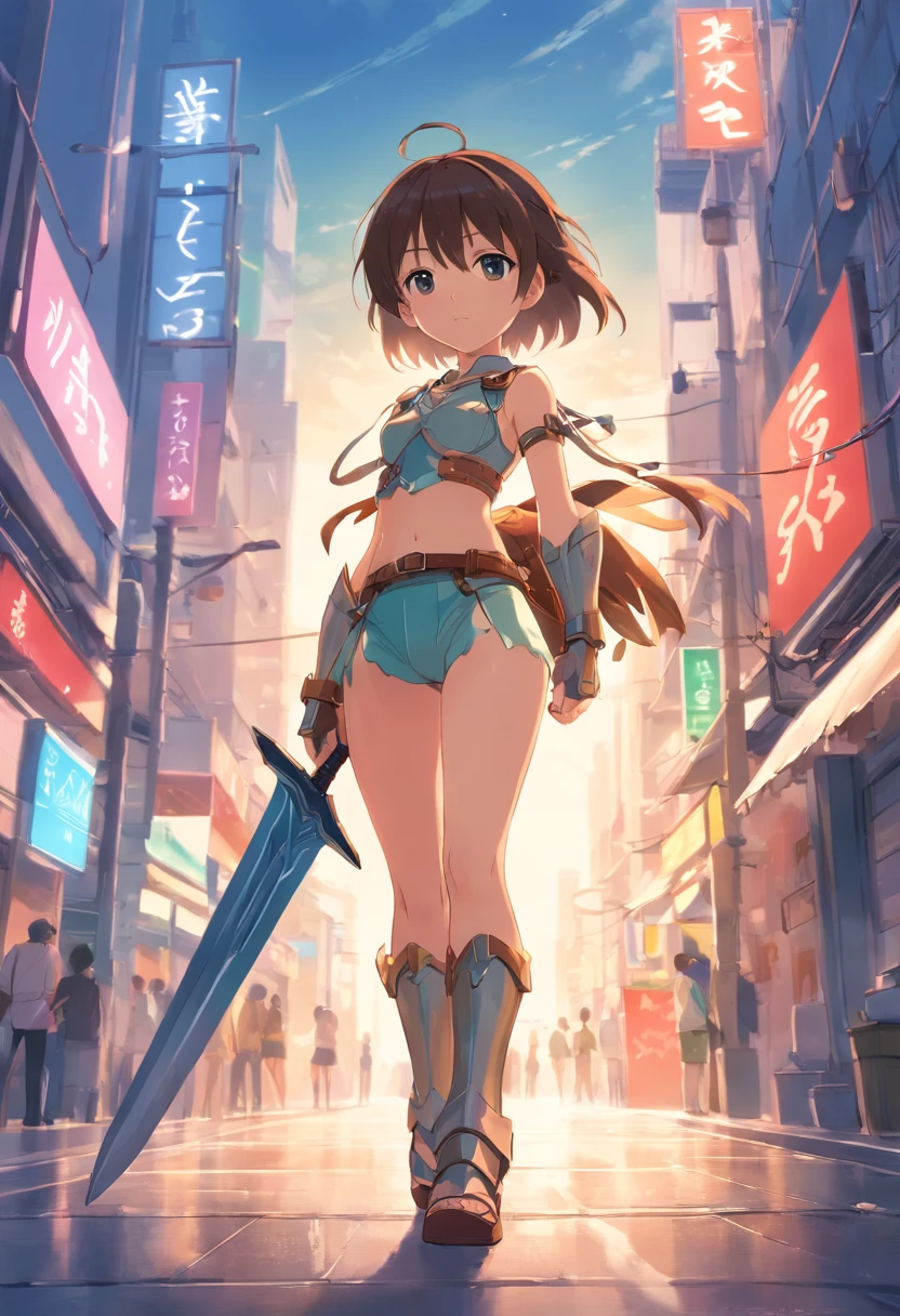 Young girl, , bikini armor, big sword, weapon, shoulder guards, bracers, metalic armor, metal armor, crotch plate, crotch armor, flat chest, tummy, cameltoe, leg guard, leg armor, thigh highs, thighs, flat chest, small breasts, young girl, child, belt tassels, belt, panties