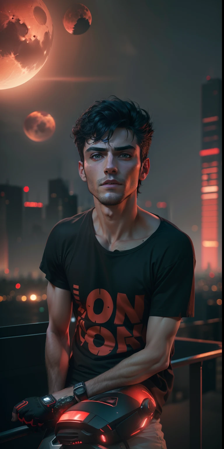 Dark night over the city, Red Moon, Red Moon with Energy Flow, Energy tides, Bad premonitions, scenery, Don't be human, There is energy flow, Highly realistic, 4K, Chiaroscuro, Ultra-high detail awaits the start . Change background cyberpunk handsome boy, realistic face, 8k, ultra realistic,