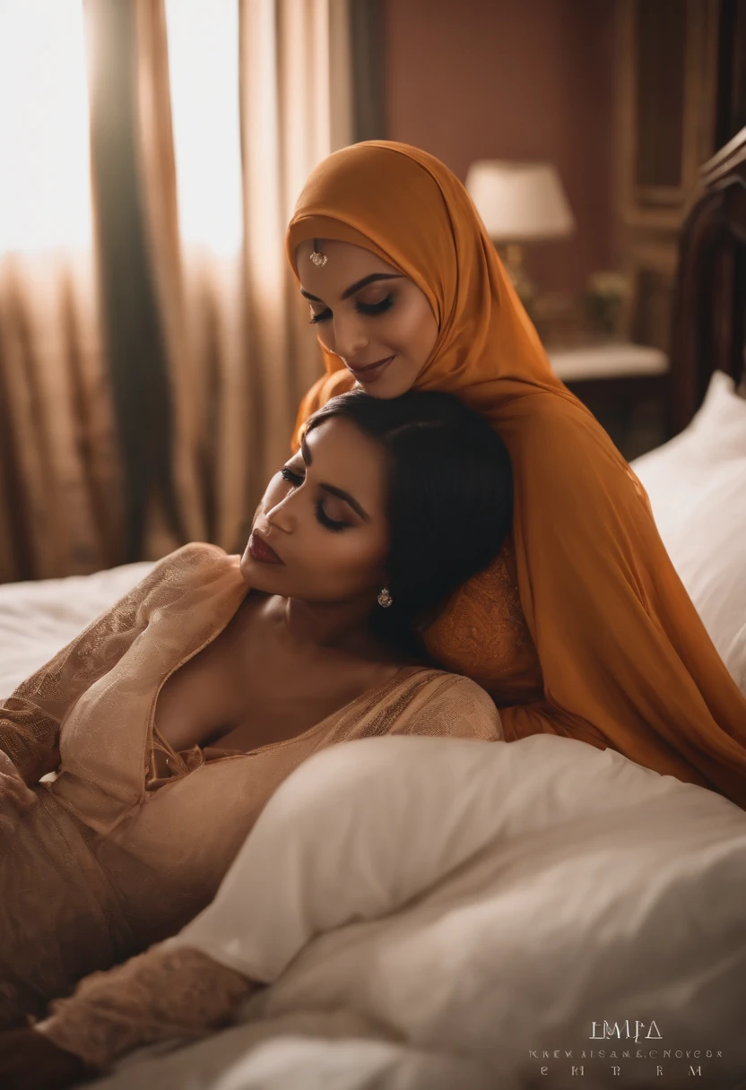 Lesbians, hijab, long dress, big boobs, Nipple, romantic, in room, on bed, sexy, seductive, licking each others lips, love, sexy, soft Lighting,