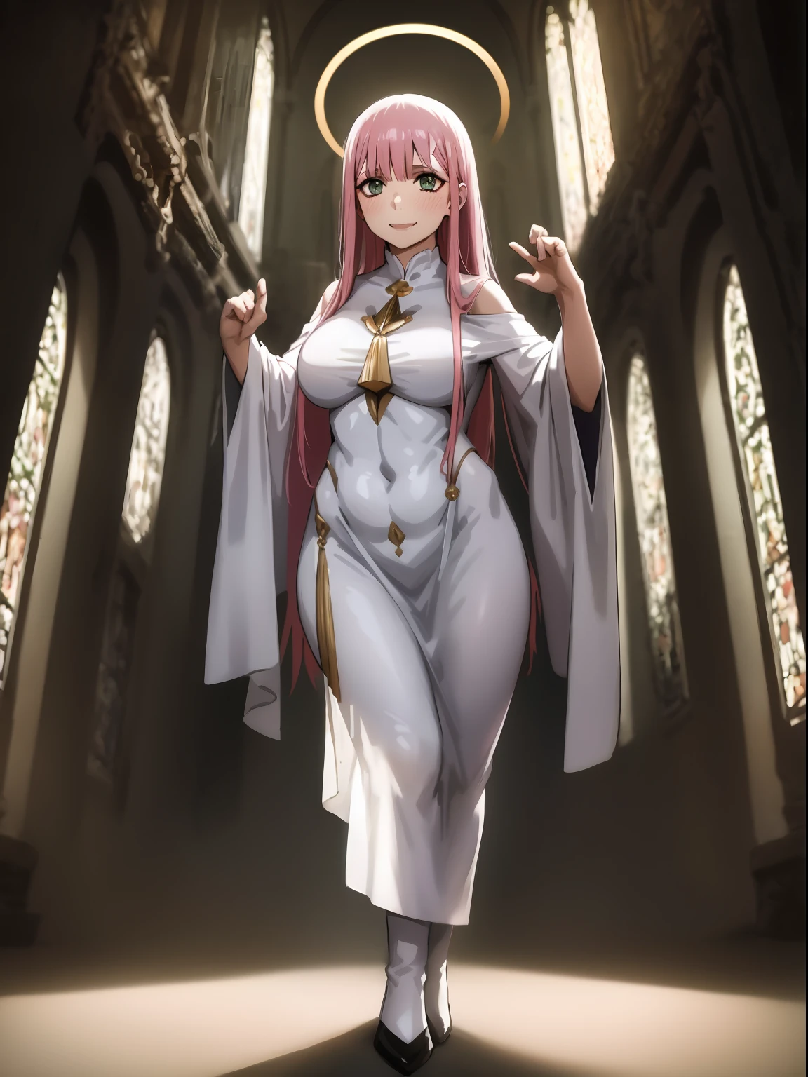 Zero Two, dress, sun halo, holy, smile, medium breast, priestess, full body, walking, divine aura, sun halo, solar halo, long skirt, porcelain skin, ethereal, graceful movement, flowing golden hair, radiant beauty, enchanting gaze, serene expression, soft sunlight, angelic presence, celestial atmosphere, mystical background, celestial light, glowing halo, gentle breeze, ethereal glow, captivating aura, divine radiance, natural beauty, sublime elegance, heavenly charm, peaceful countenance, harmonious surroundings, ethereal grace, mesmerizing presence, transcendent allure, magical serenity, serene and majestic, radiant happiness, heavenly enchantment, delicate features, elegant posture, celestial maiden, otherworldly presence, serene and ethereal, divine embodiment, celestial being, spiritual tranquility, mesmerizing beauty, ethereal goddess, radiant purity. Preparing SeaArt Bot Txt2Img Default 21:19:45, green eyes, white robe, large skirt, long skirt, longeyelashes, solid circle eyes, light smile, ear blush, fang, Surrealism, drop shadow, anaglyph, stereogram, tachi-e, pov, atmospheric perspective, 8k, super detail, ccurate, best quality, best quality, high quality, super detail, anatomically correct, retina, UHD, masterpiece, high details, award winning, highres, textured skin, ccurate, venus body,medieval clothing, dark atmosphere, ornate details, dim lighting, dramatic shadows, mysterious aura, intricate lace patterns, porcelain skin, bewitching gaze, elegant posture, majestic presence, flowing silhouette, gothic architecture, candlelit hauntingly beautiful, enchanting presence, ethereal ambiance, alluring expression, intense sensuality, exquisite jewelry, supernatural allure, captivating aura, sensual curves, full body, boots, happy, smile, boots, standing pose, black cape