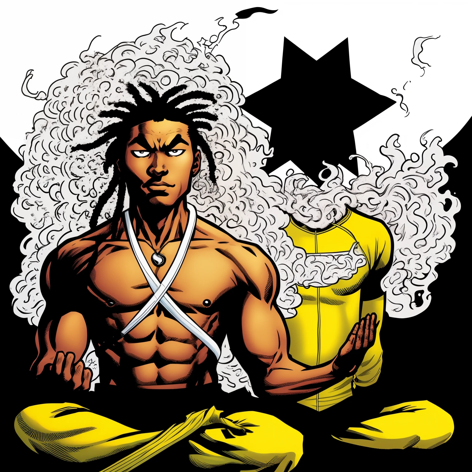 Black, smooth skinned boy with long black dread tied up in a bun with white and black aura around him casting energy spells meditating in marvel comic style