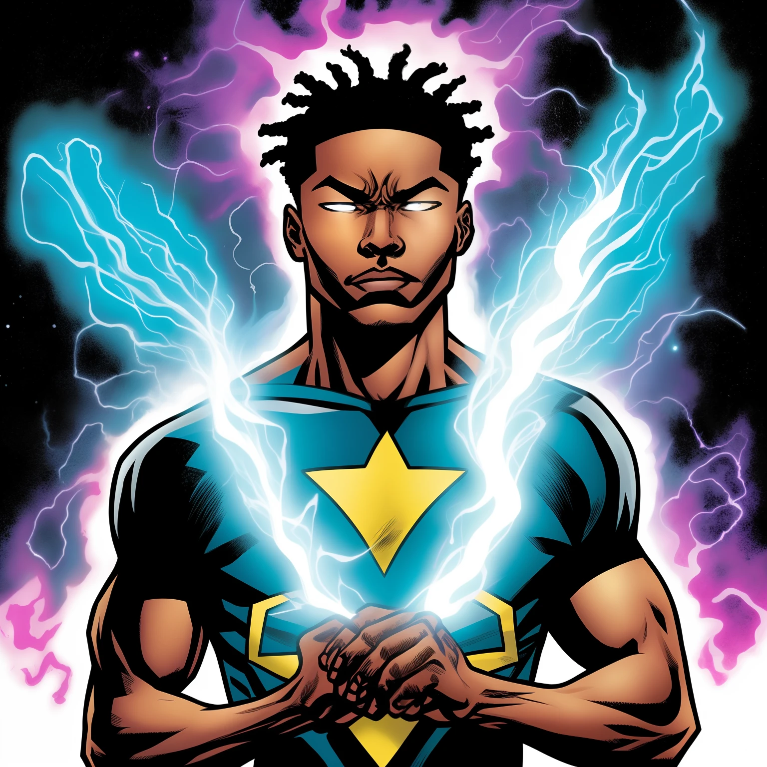 Black, smooth skinned teen boy with long black dread tied up in a bun with white and black aura around him casting energy spells meditating in marvel comic style