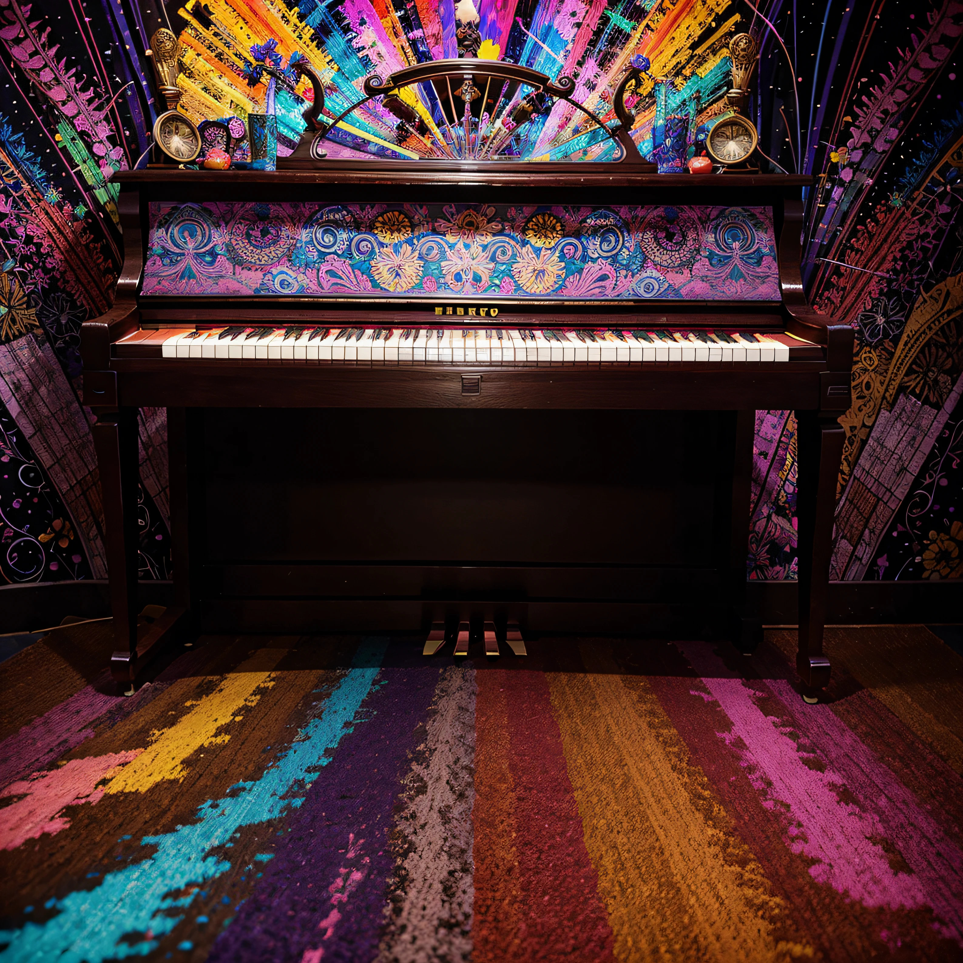 piano, psychedelic style, muitas cores