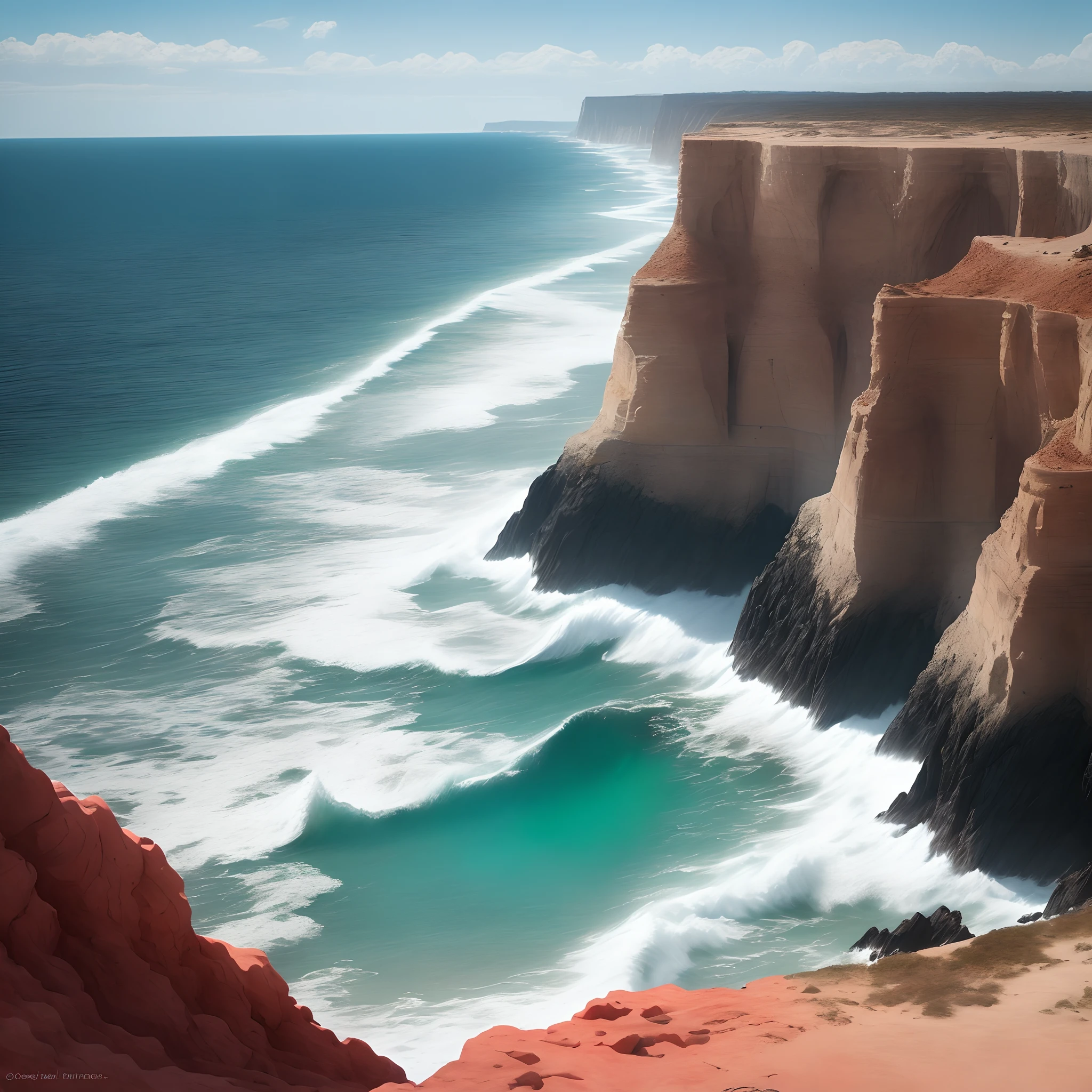 The harsh, lifeless, desert meets the sea at a high rocky cliff of coral-colored quartz and white, sandstone. The land juts out 100 feet above the crashing waves below, and the sea stretches outwards farther than the eye can see