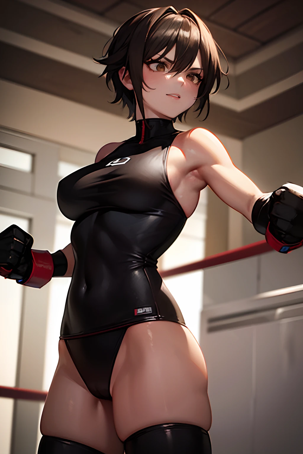 masterpiece, best quality, ultra-detailed, illustration, ultra-detailed face, best quality face,1girl,adult,30 years old,boxer,tomboy,bully,short hair,strong,muscular,abs,tough expression,sporty build,tall,professional martial artist,amber brown eyes,mean smile,champion,brown hair,confident, strong,fighter,dominant,ready to dominate the opposition,naked,topless,wicked,evil,vicious, dominant look in her eyes,she's a predator,boxing gloves, boxing ring,violent,angry.