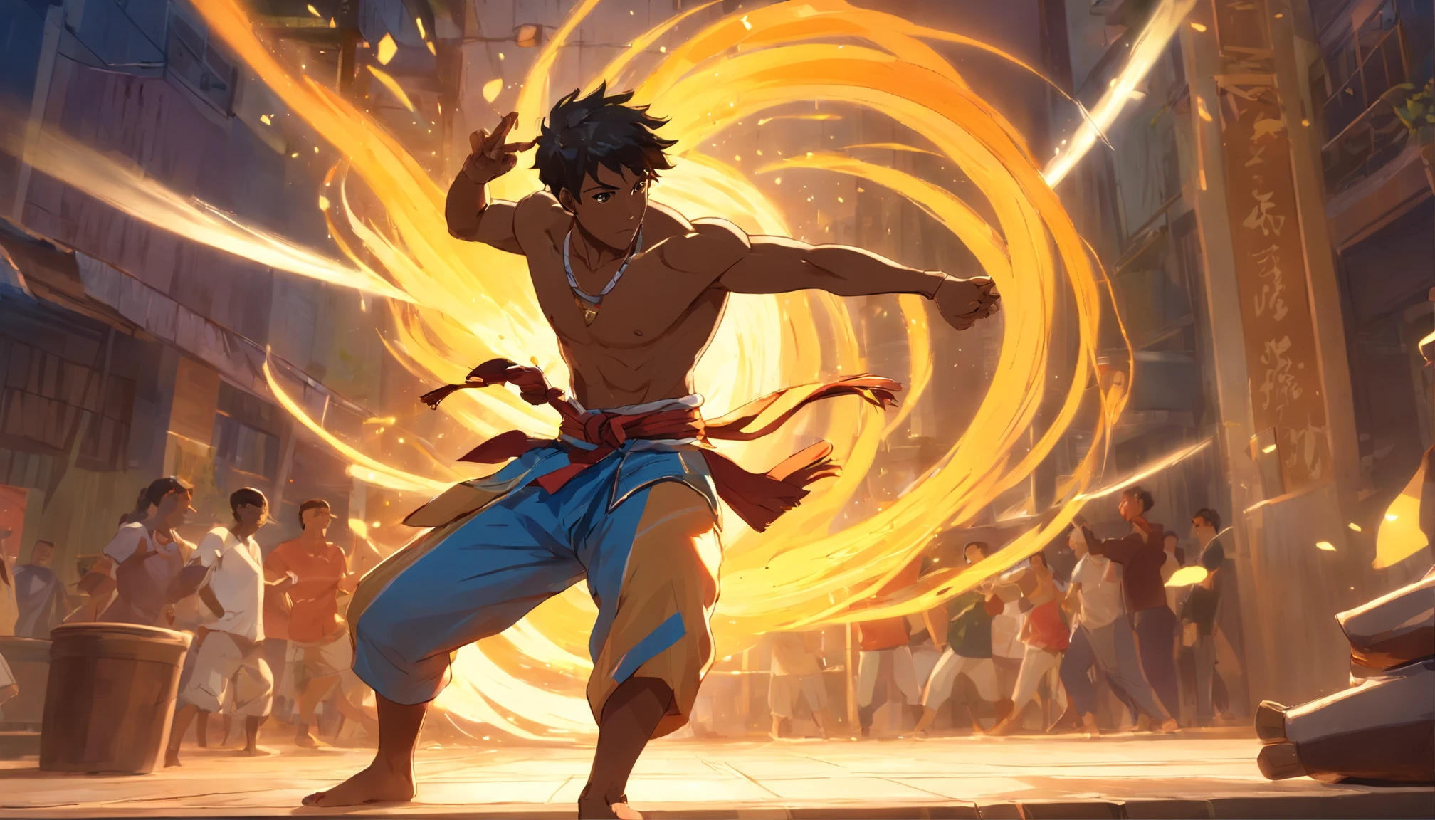 black man with braid, social red cardão of Capoeira with wolf characteristics,painted faces,strong and muscular bodies,athletic built,sharpening claws,ferocious look,hunting in the jungle,moving gracefully,lit by the moonlight,deep shadows and contrasting highlights,colorful patterns and intricate designs,expressive and captivating poses,dressed in traditional Capoeira clothes,sense of power and agility,energetic movement and flowing motion,dramatic and dynamic composition,blurry background to focus on the main subject,masterfully painted details,highly realistic textures and materials,vivid colors and rich color palette,emphasize contrast and depth,impressive lighting and dramatic shadows,mysterious and captivating atmosphere,exuding strength and power,emotions and energy in every stroke,poured heart and soul into the artwork,immersive and mesmerizing experience,unique artistic style and portrayal.
(best quality,4k,8k,highres,masterpiece:1.2),ultra-detailed,(realistic,photorealistic,photo-realistic:1.37),HDR,UHD,studio lighting,ultra-fine painting,sharp focus,physically-based rendering,extreme detail description,professional,vivid colors,bokeh,portraits,landscape,concept artists,oppulent colors,soft and warm tones,moody and dramatic lighting