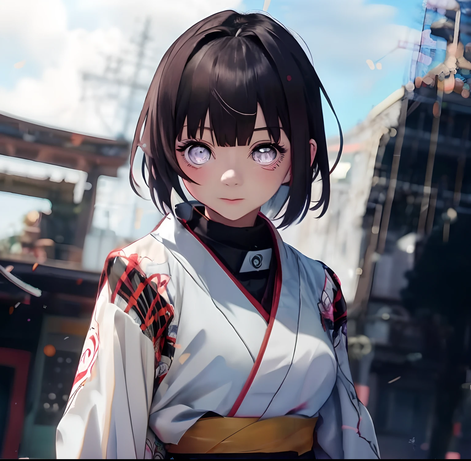 Anime girl in kimono outfit standing in front of a building, estilo anime 4K, personagem de anime feminino, anime jovem, visual anime de uma meninao, estilo anime. 8k, uma garota de anime, personagem de anime, garota anime naruto, arte digital estilo anime, Retrato de uma garota de anime, arte digital do anime naruto, arte naruto anime, personagem estilo anime, olhos brancos